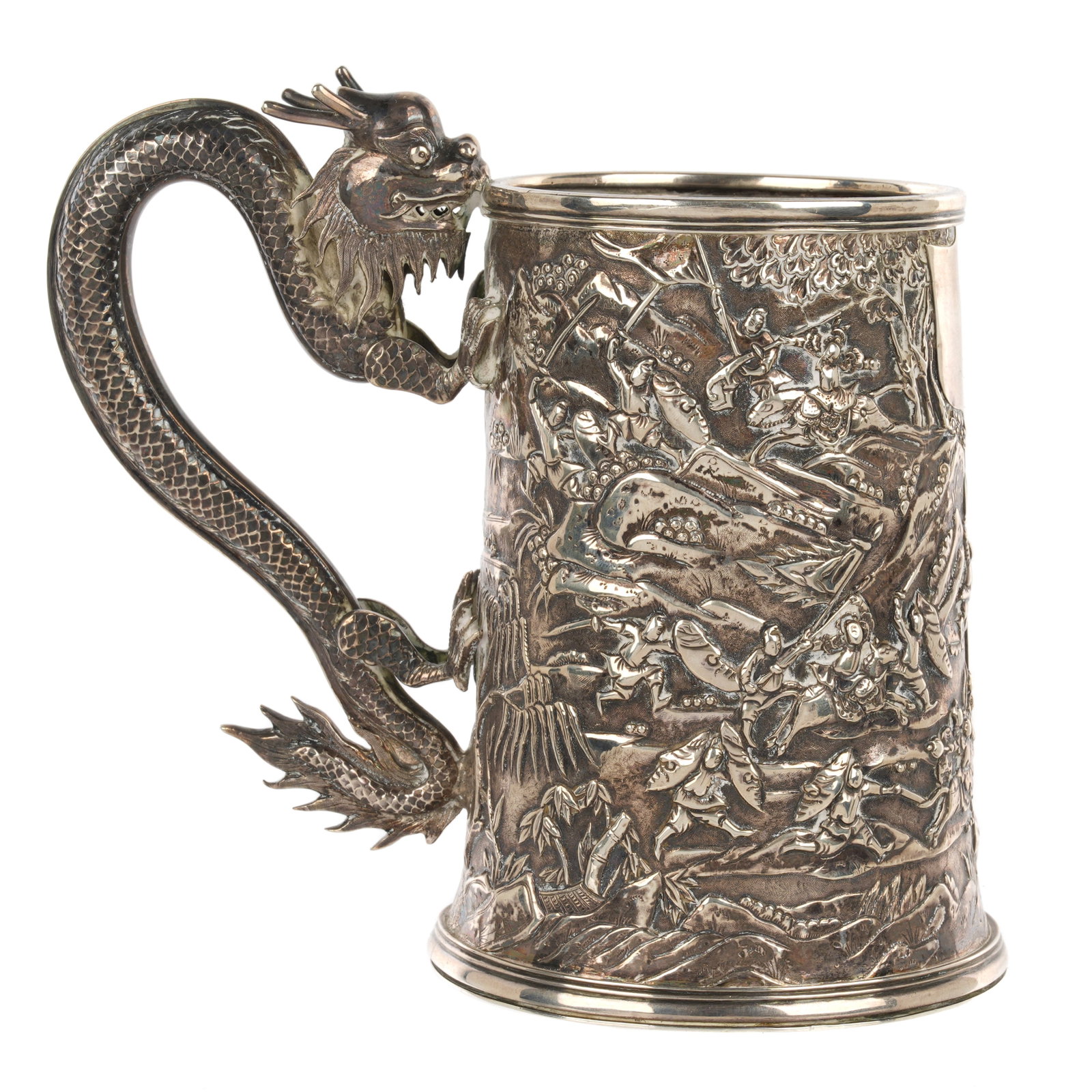 19th C. Hoaching Chinese Silver Export Tankard: Mid 19th Century Canton silver ewer marked with Hoaching hallmark. Dragon form handle, tapered raised battle scene on tapered body. Approx. 320.7 grams. Overall 5.5" h .x 5.75".