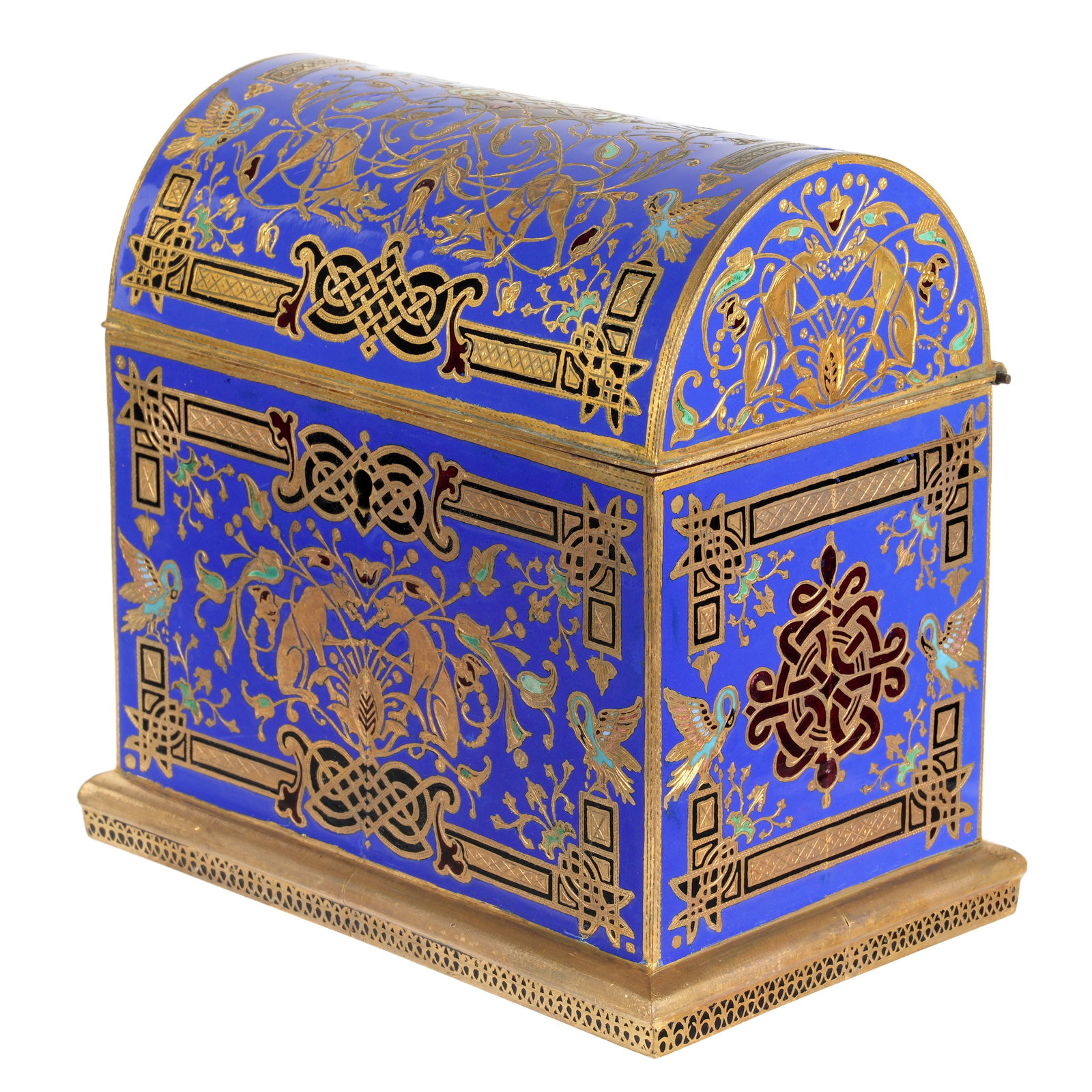 French Bronze Dore Champleve Dresser Box: Bronze dore body and hinged domed lid, ornate Renaissance Revival enamel champleve decoration all over with figural animals, foliate, and floral scroll. Green velvet lined interior, no visible marking