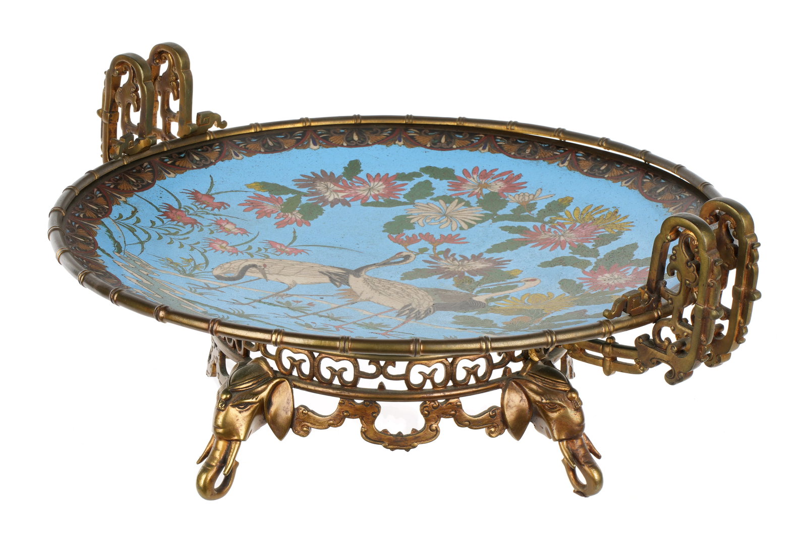 Large Chinese Cloisonne and Bronze Platter: Believed to be Jianqing or Daoguang period. Platter with turquoise ground, crane and floral designs, foliate border. Inset into later reticulated bronze base ending in elephant form feet. Overall 9" h