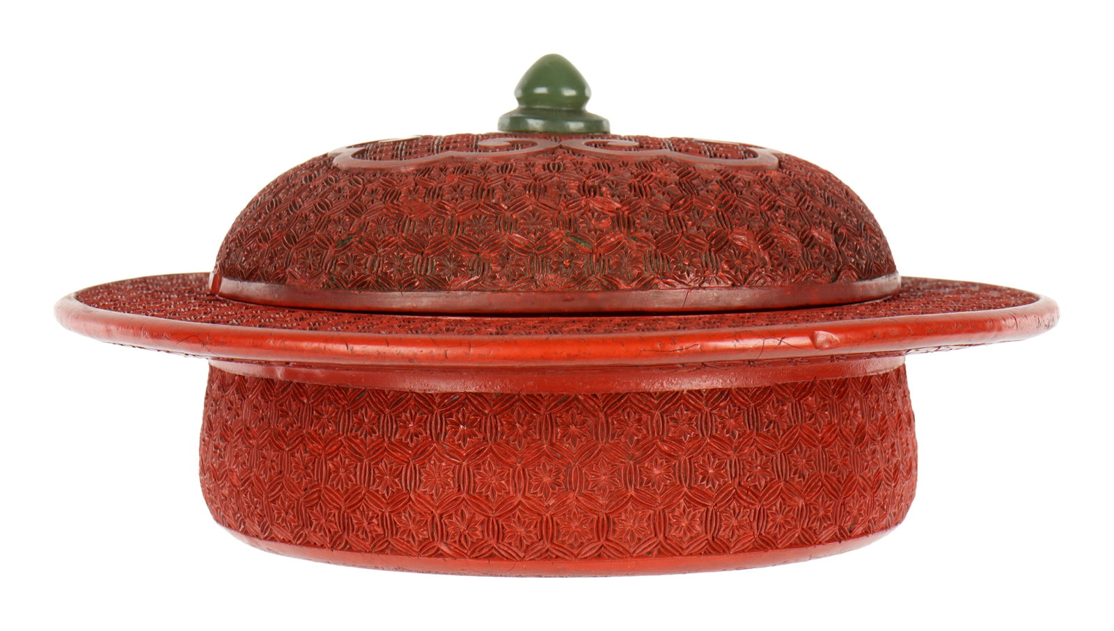 Rare 17th/18th C. Chinese Cinnabar Covered Bowl: 17th / 18th Century profusely and finely carved red cinnabar spittoon with wan symbols. Jade finial, black lacquer interior and base. Overall 3" h. x 6".