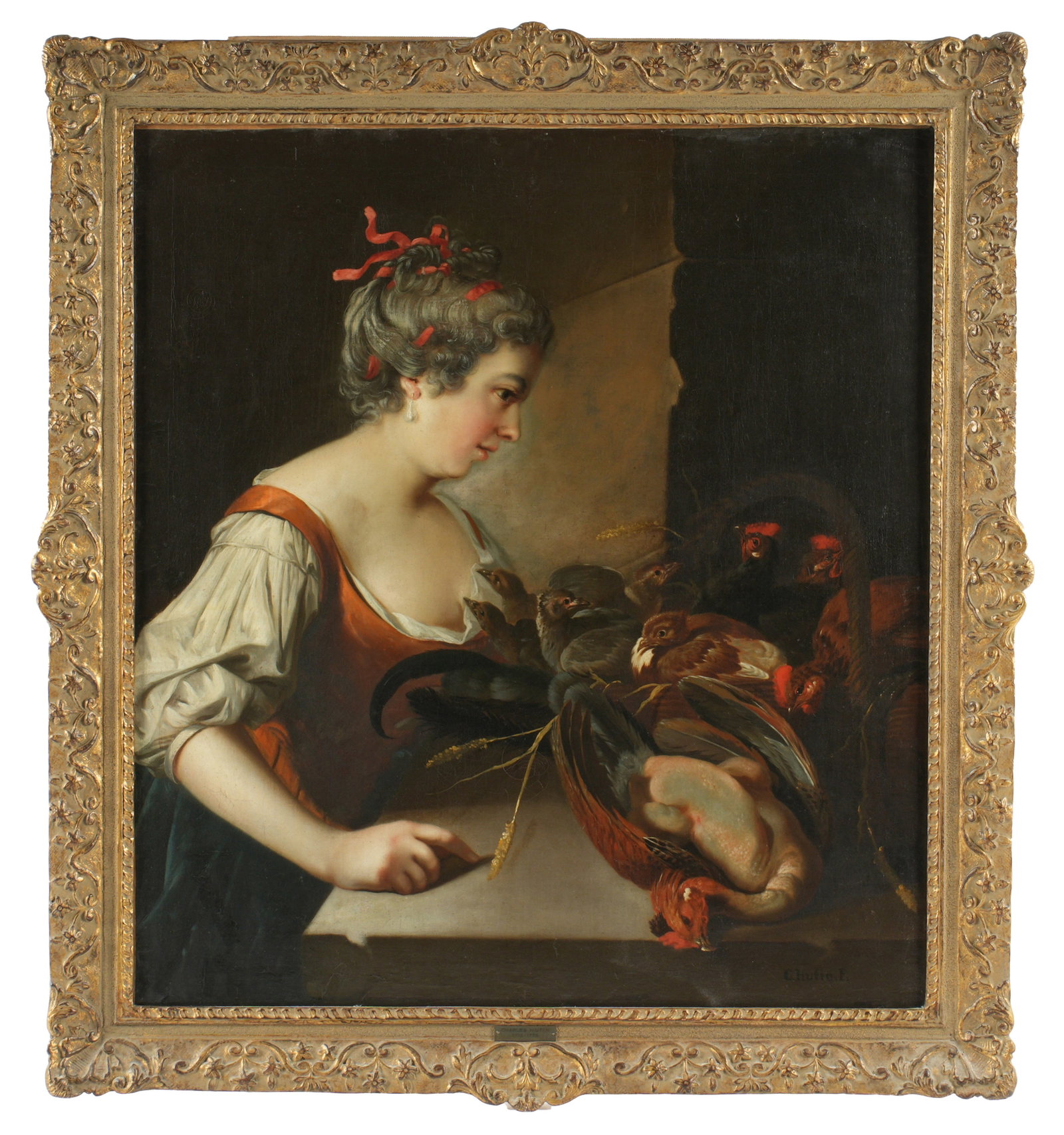 Charles-Francois Hutin Portrait Woman and Chickens: HUTIN, Charles-Francois, (French, 1715-1776): Portrait of seated woman surrounded by chickens with one in a basket, Oil on Canvas, signed lower right, 34.75" x 31.25", framed 40.75" x 37.25". Conditio
