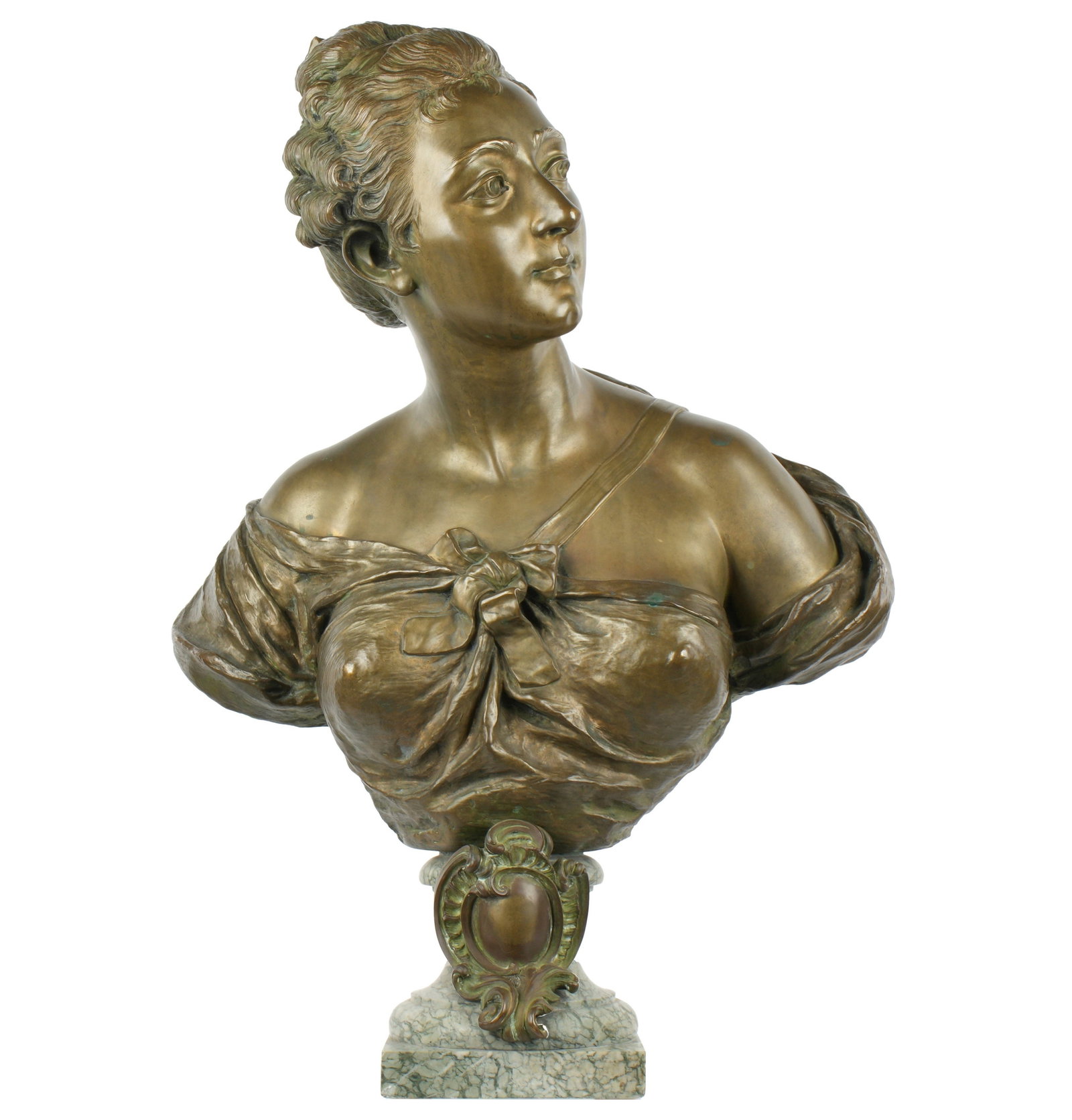 Emile Guillemin Bronze Bust of Classical Maiden: GUILLEMIN, Emile, (French, 1841-1907): Patinated bronze bust of a classical woman, signed, affixed to marble base, overall 27" h. x 19" x 10". Condition: Minor verdigris, minor chips to marble.