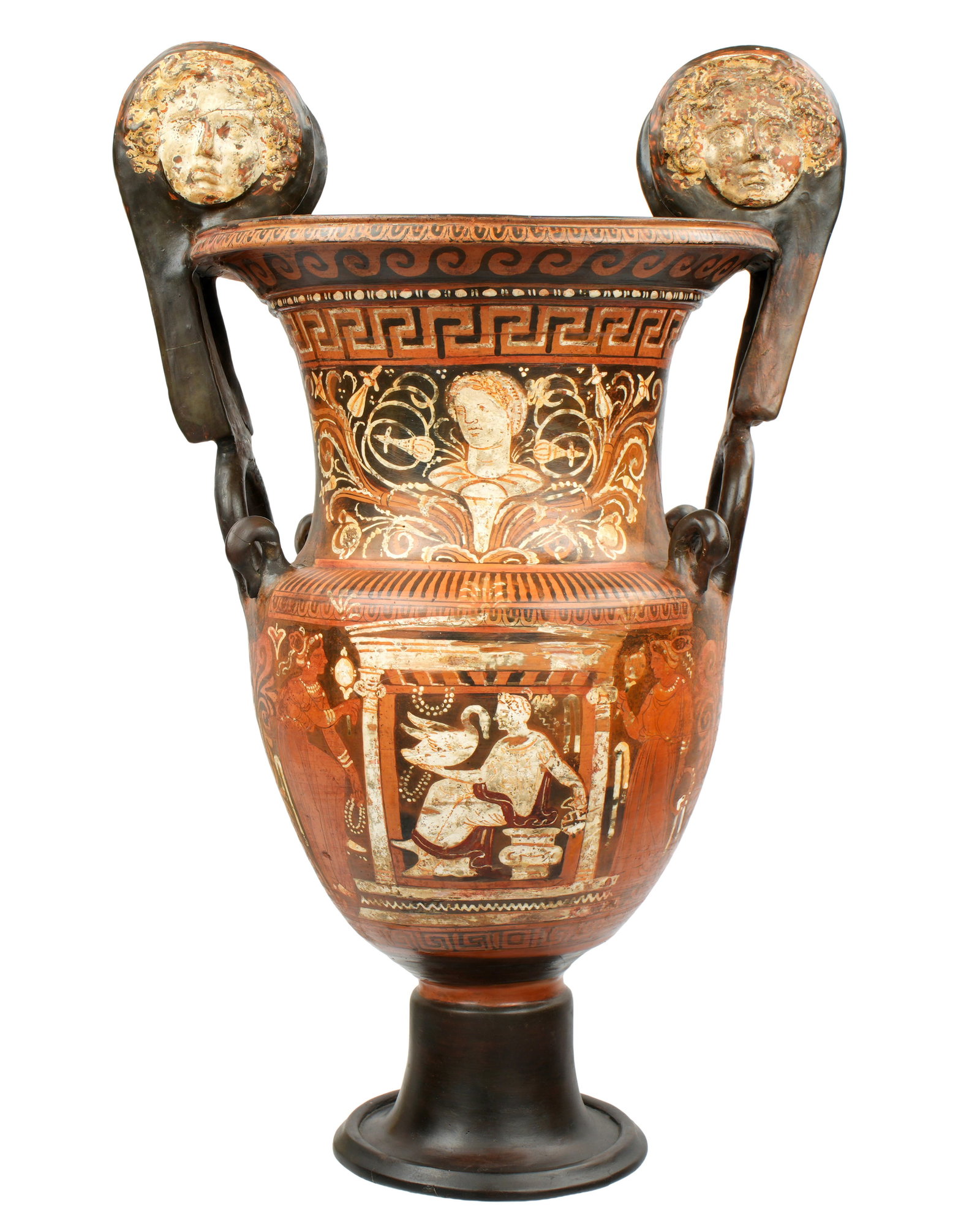 Apulian Red Figure Volute Krater: circa 4th Century BC, Large ovoid body and thin neck, flaring rim, handles terminate in swans heads above Gorgoneia. Obverse with white with yellow hair, reverse red with black hair and features. Egg 