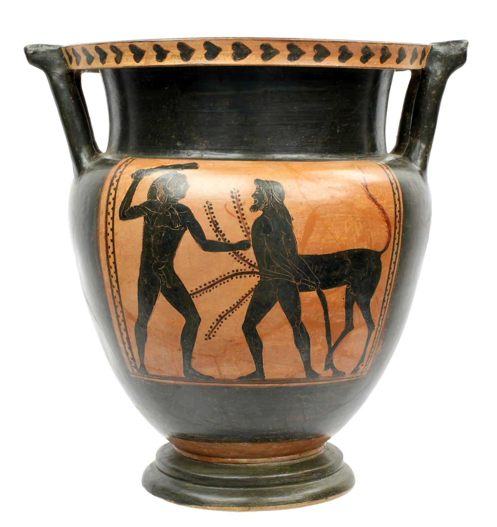 Etruscan Column Krater depicting Herakles: circa 500-490 BC, black figure decoration attributed to the Micali Painter or on of his close followers. Obverse with depiction of Herakles and a centaur (possibly Nessus). Reverse depicting two warri