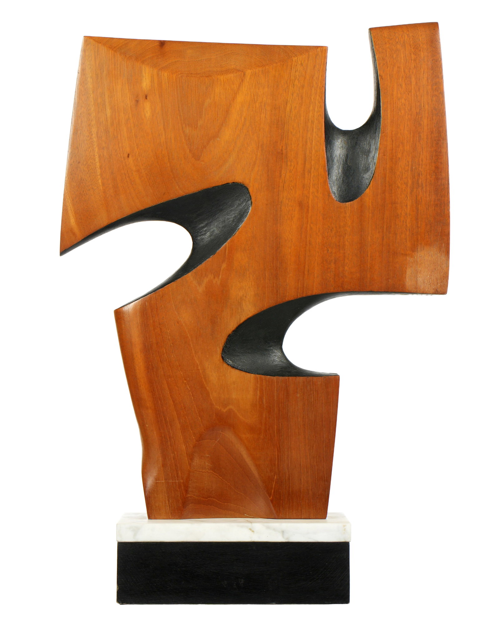 Henry Moretti Mid Century Abstract Sculpture: MORETTI, Henry, (French, 1913-2015): Untitled carved and painted wood abstract sculpture, signed under one arm, affixed to marble and wood base. Overall 26.25" h. x 18.25" x 5.75". Condition: Abrasion