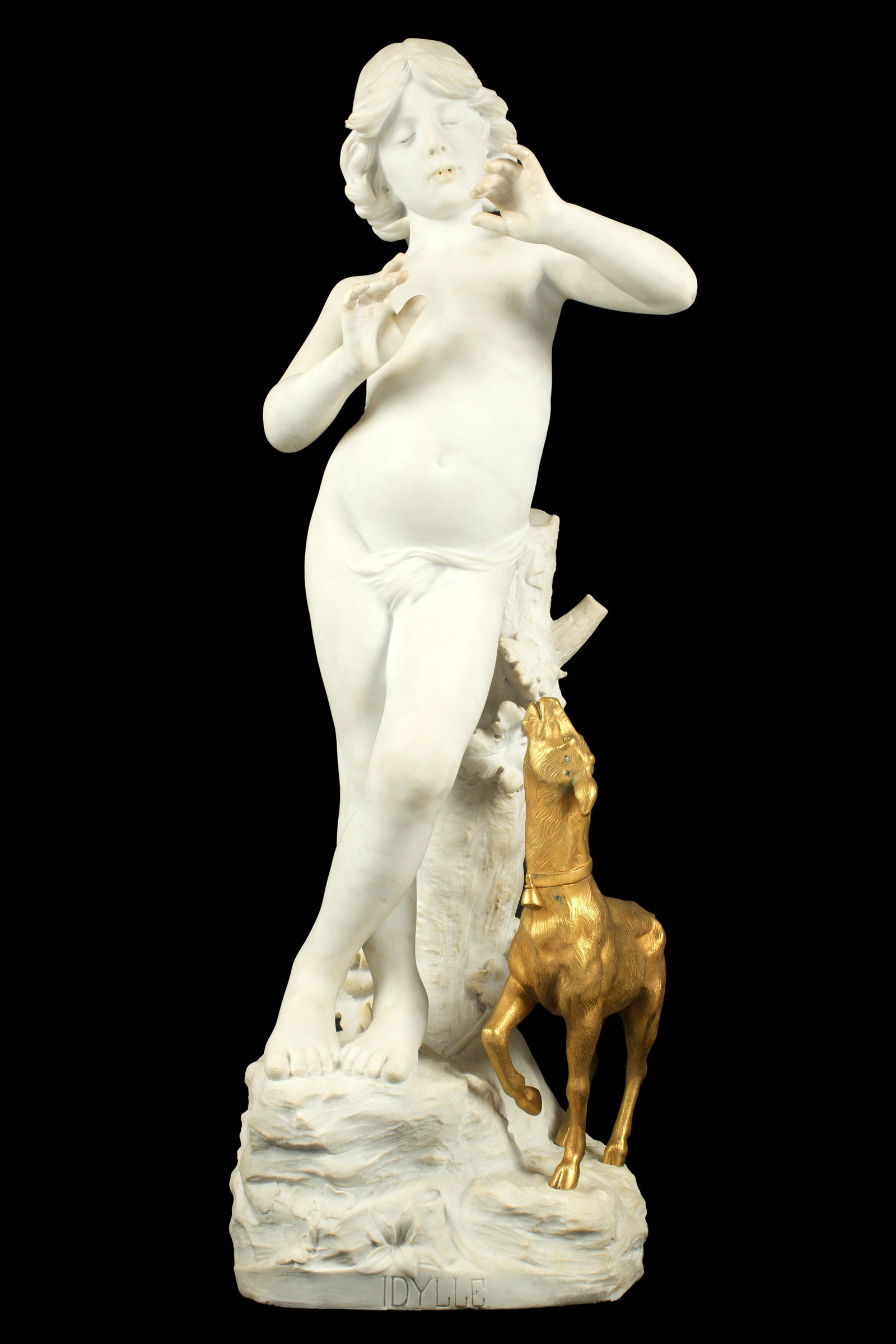 after Joaquin Angles Idylle Marble & Bronze Boy: after ANGLES CANE, Joaquin, (Spanish, 1859-1911): "Idylle" Carved carrara marble figure of a standing young boy flute player, missing flutes, gilt bronze figural goat at his side. Signed Angles