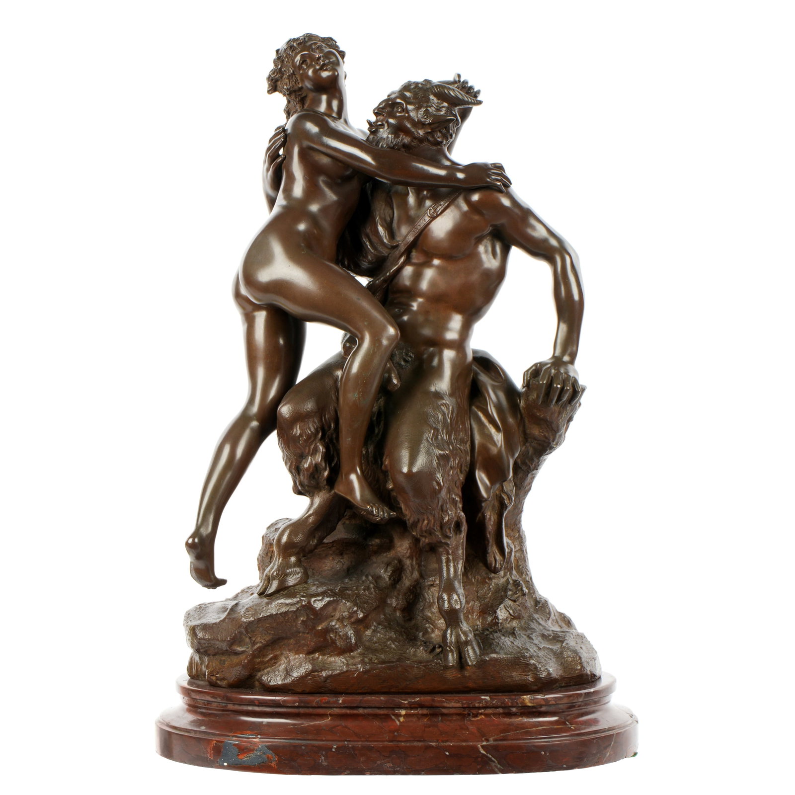 after Clodion Satyr & Bacchan Bronze Figural Group: after, CLOIDION, Claude Michel, (French, 1738-1814): Patinated bronze figural group of a seated satyr with playful nude nymph, signed on back, affixed to rouge marble base, overall 18.75" h. x 12" x