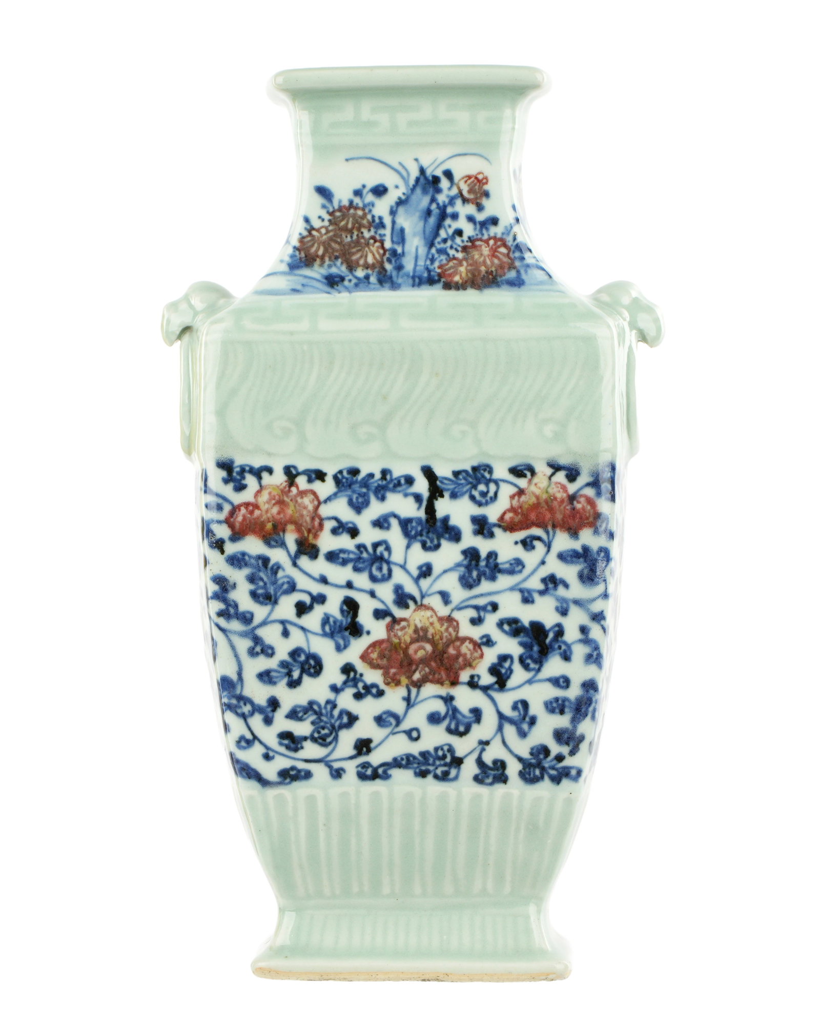 Chinese 19th C. Celadon Blue Red Underglaze Vase: 19th Century porcelain vase, incised celadon glaze geometric bands. Underglaze blue and red floral designs in reserves, bears four character Qianlong mark to base. Food dog head "handles". Overall