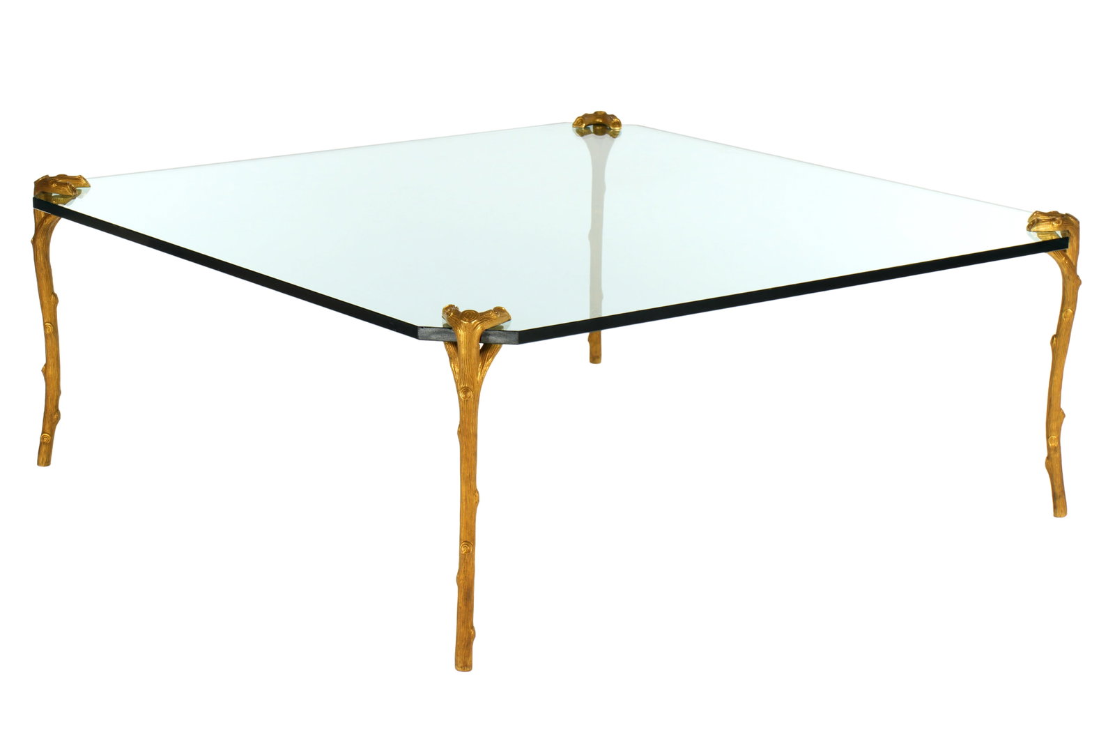 Signed P E Guerin Gilt Bronze & Glass Coffee Table: Branch form gilt bronze legs, square glass top with canted corners, signed under feet. Overall 19" h. x 48" x 48". Minor scratches to glass.