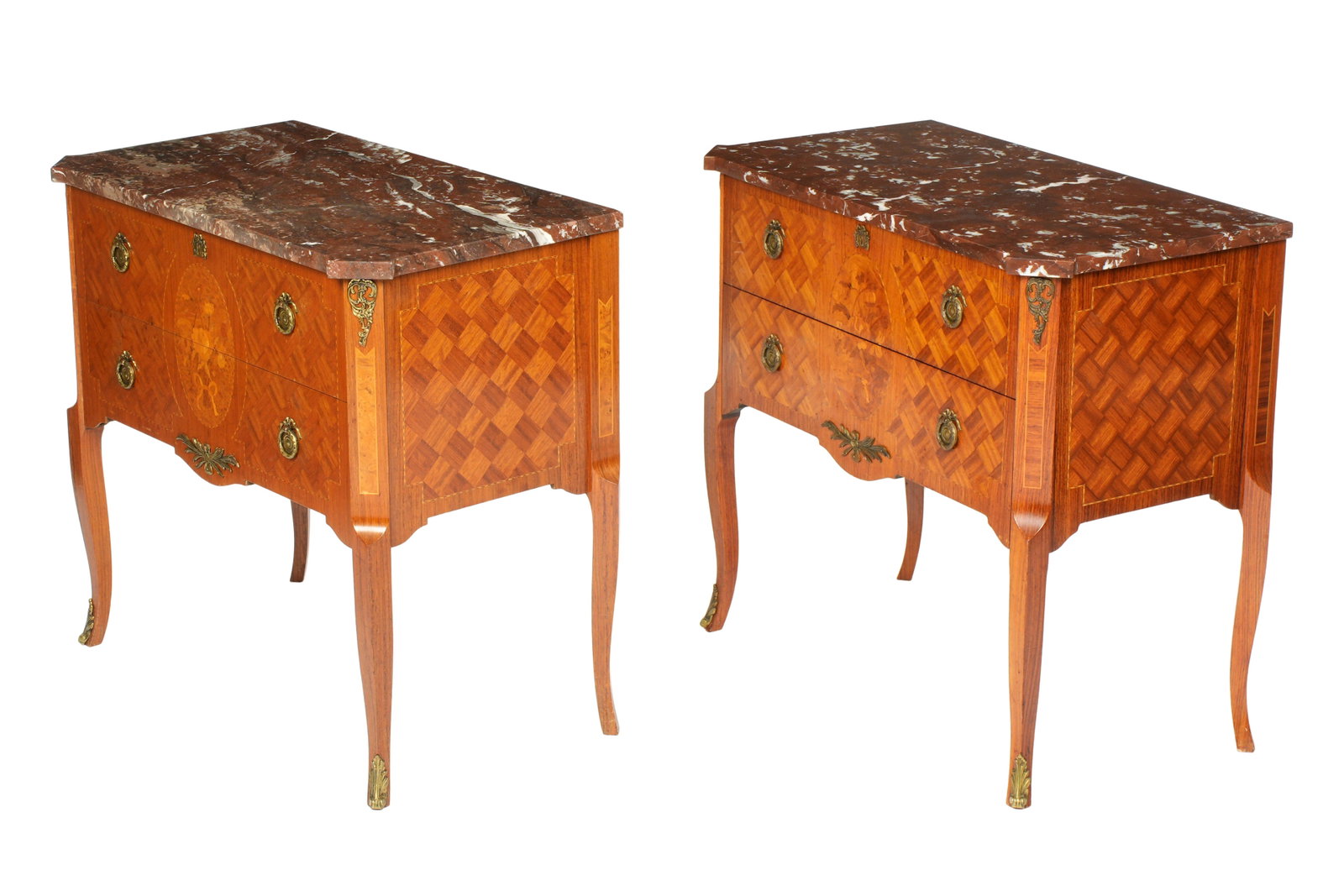Pair French Marble Top Marquetry Inlaid Commodes: Pair variegated amethyst marble tops with canted cornets over conforming two drawer cases. Center floral marquetry inlaid medallions on front, herringbone parquetry inlaid fronts and sides. Applied