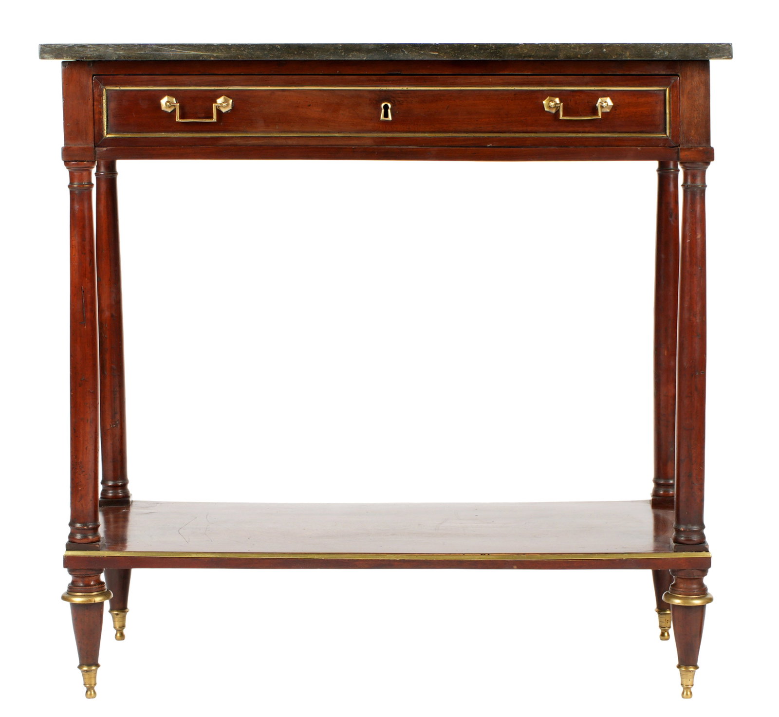 French Directoire Mahogany Marble Top Table: Black marble top over mahogany base. Single drawer over lower open stretcher shelf, turned column supports, turned feet. Brass pulls and accent trim. Overall 37.5" h. x 34" x 14.75". Condition: Minor