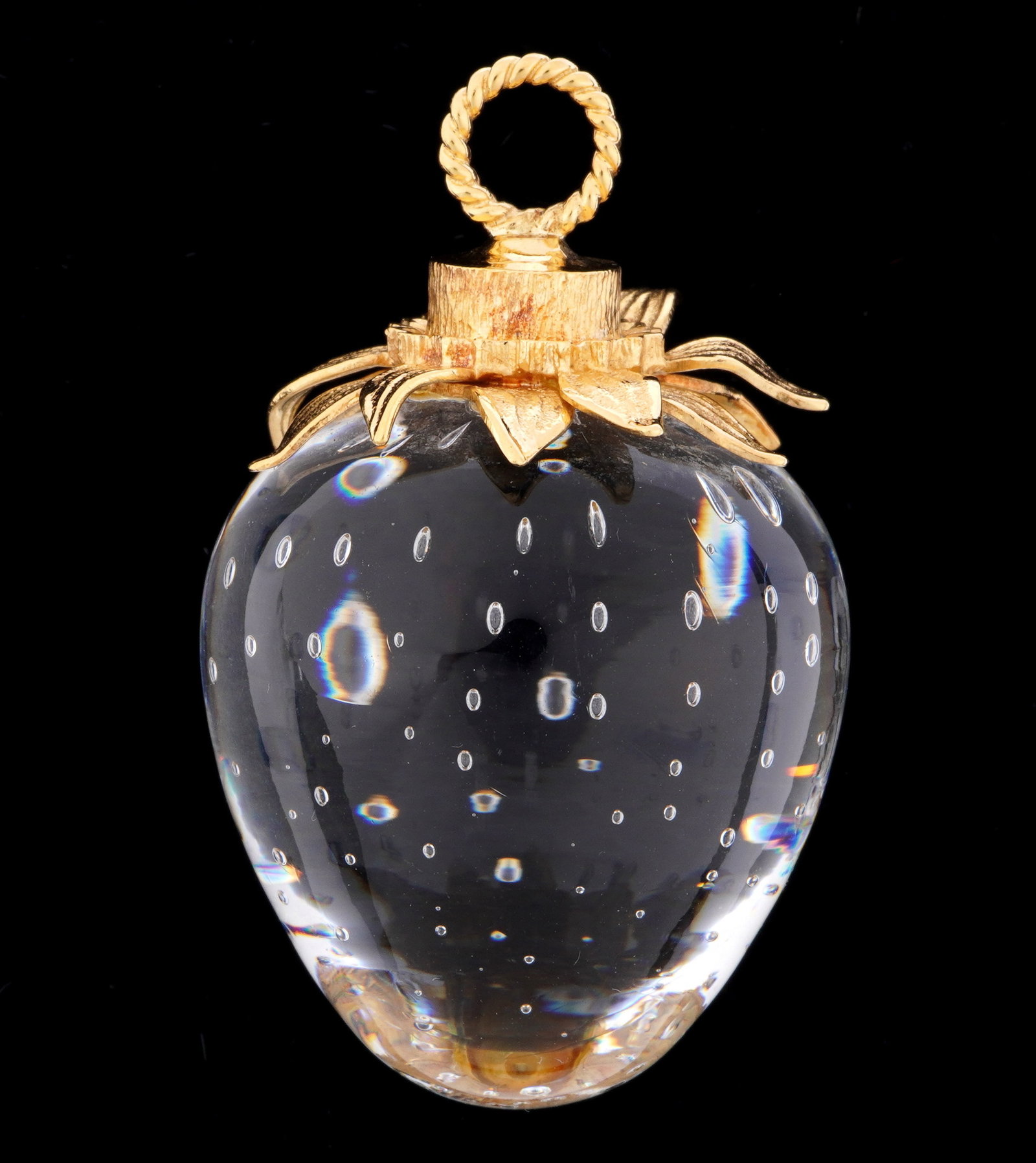 Steuben 18k Gold and Crystal Strawberry Pendant: Steuben control bubble crystal / glass strawberry with 18k yellow gold leaves and collar. Signed under fruit. Overall 2" h .x 1.25" .