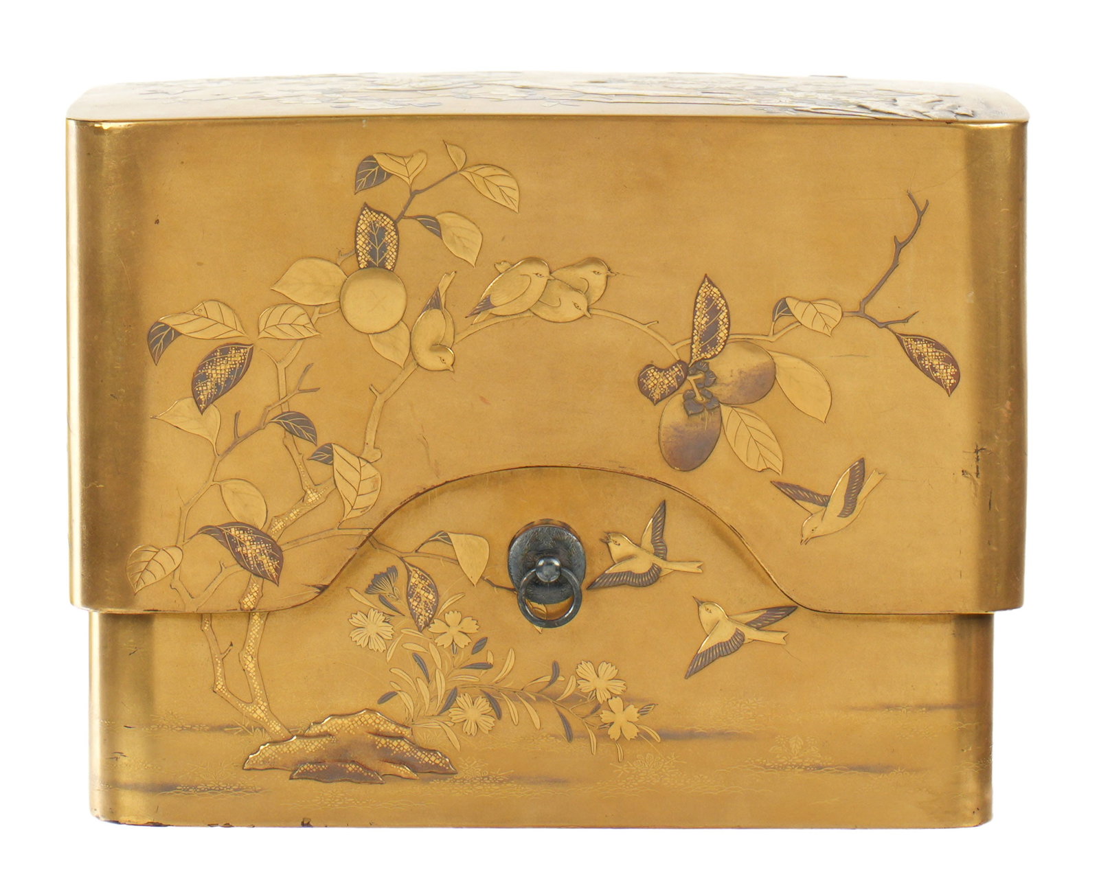 Superb Japanese Gold Lacquer Incense Box: Gold lacquer with gold and silver takamai-e and hiramaki-e decoration depicting foliate, birds, and landscapes. Single removable interior tray over open storage, overall 5.75" x 7.75" x 6".