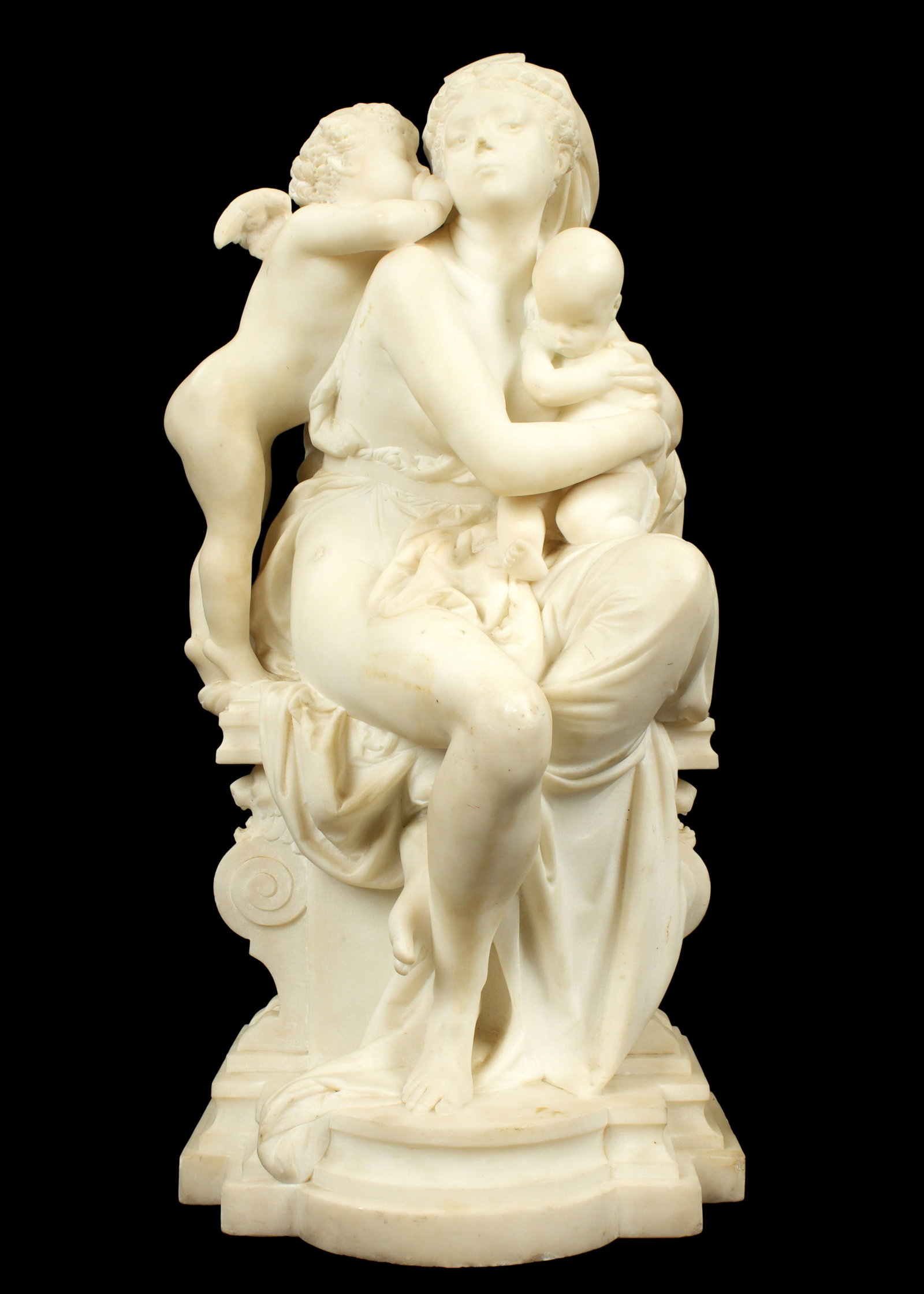Carrier-Belleuse Entre Deux Amours Marble Group: CARRIER-BELLEUSE, Albert-Ernest, (French, 1824-1887): "Entre deux amours (Between two loves)", carved marble figural group of a seated classical maiden holding a child with Cupid whispering in her ear