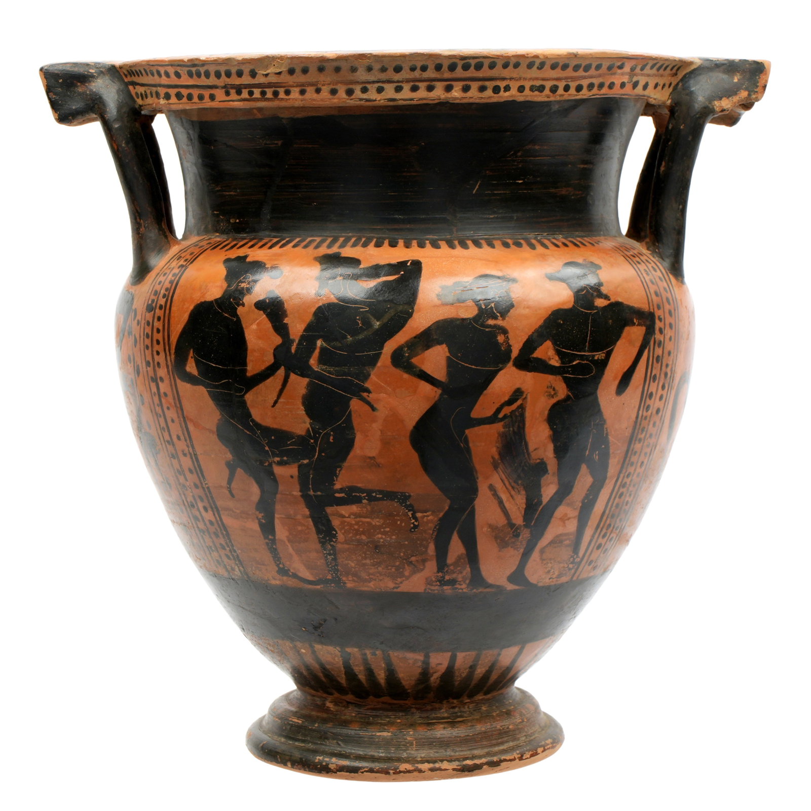 Attic Black Figure Painted Column Krater: circa 5th Century BC, Magna Graecia. Obverse depicting Bacchanalian scene with satyr and dancing figure, revere depicting attendants arriving with horses and chariot, line and dots . Flat top rim with