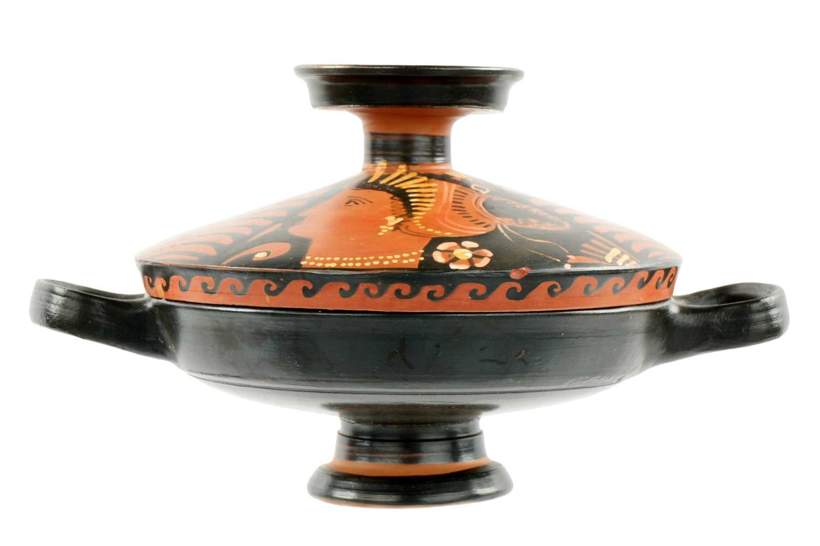 Apulian Lekanis Red Figure Lady of Fashion: circa 4th Century BC. Ceramic red figure lekanis, lid with running wave pattern on rim. Decorated with lady of fashion either side, each wearing necklace of yellow beads and earrings, hair with sakkos