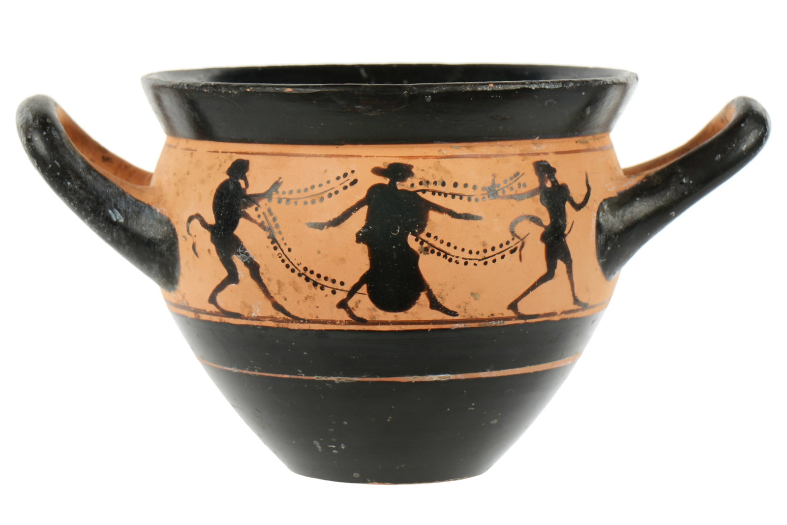Attic Mastoid Skyphos manner of Haimon Painter: circa 5th Century BC, attributed to the Haimon Painter. Depiction of satyrs and maenads either side with dotted tendrils joining. Overall 3.25" h. x 6". Provenance: Private collection in Sarasota, pur