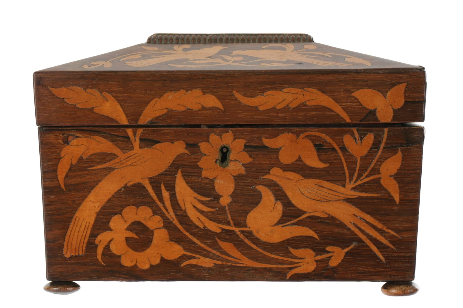English Regency Inlaid Satinwood Tea Caddy: Early 19th Century, sarcophagus form case profusely inlaid with birds and floral motifs. Lined two compartment fitted interior with lids. All on four bun feet. 6" h. x 9" x 5.75". Condition: Veneer sp