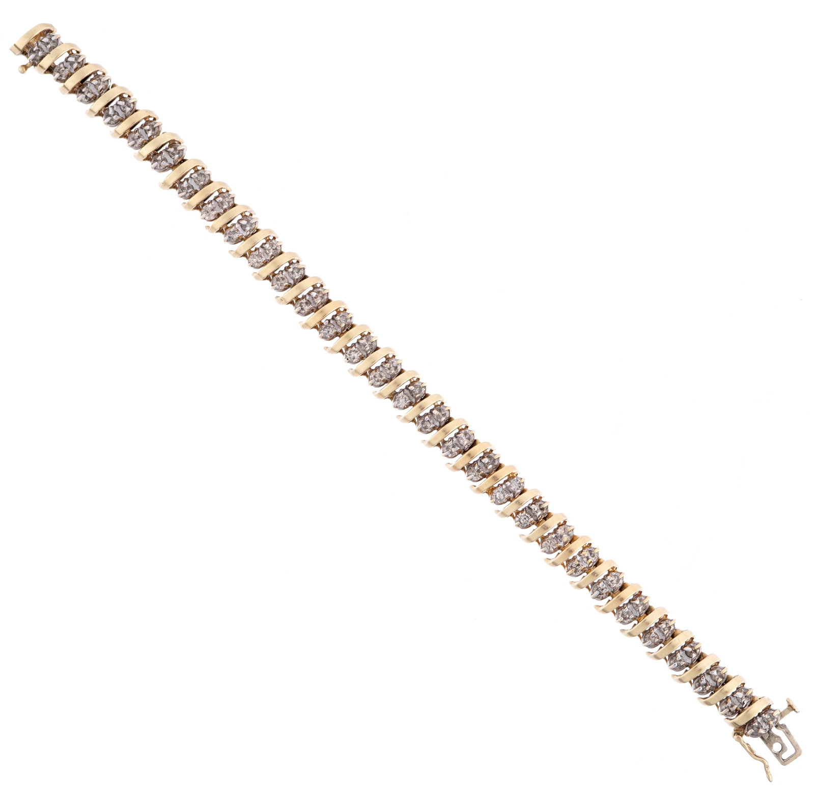 14k Gold & Diamond Tennis Bracelet: Stamped 14k yellow gold twist design bracelet, alternating bands with two prong set diamonds. 60 diamonds total, approx. 2.33ctw. 7" long, approx. 28 grams inclusive.