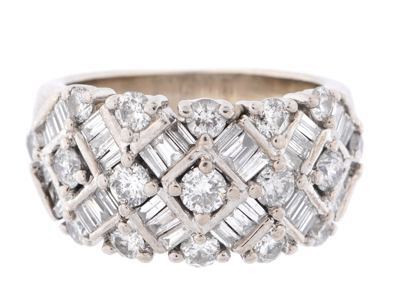 14k White Gold Round and Baguette Diamond Ring: Stamped 14k white gold band, ZEI makers mark. 16 prong set round diamonds, 36 channel set baguette diamonds, loosely approximated at approx. 2ctw. size 7 - 7.5. Approx. 9.5 grams inclusive.
