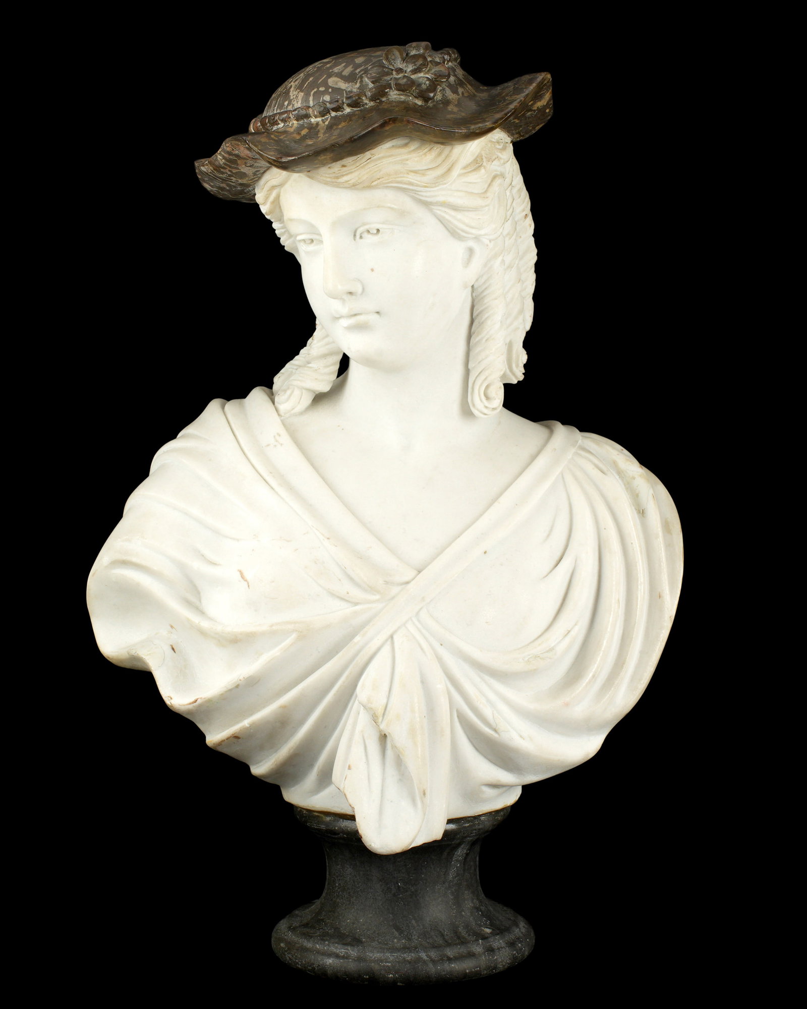 Italian Carved Marble Bust of a Woman with Hat (1 of 6)