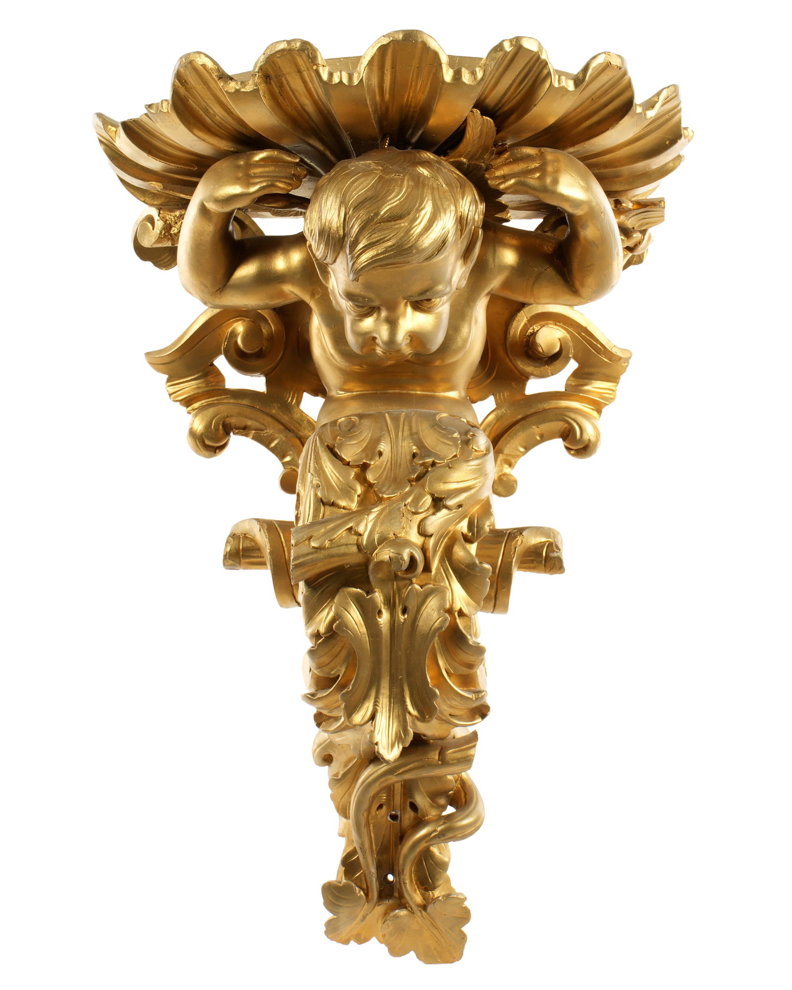 Italian Carved Gilt Wood Cherub Wall Bracket (1 of 2)