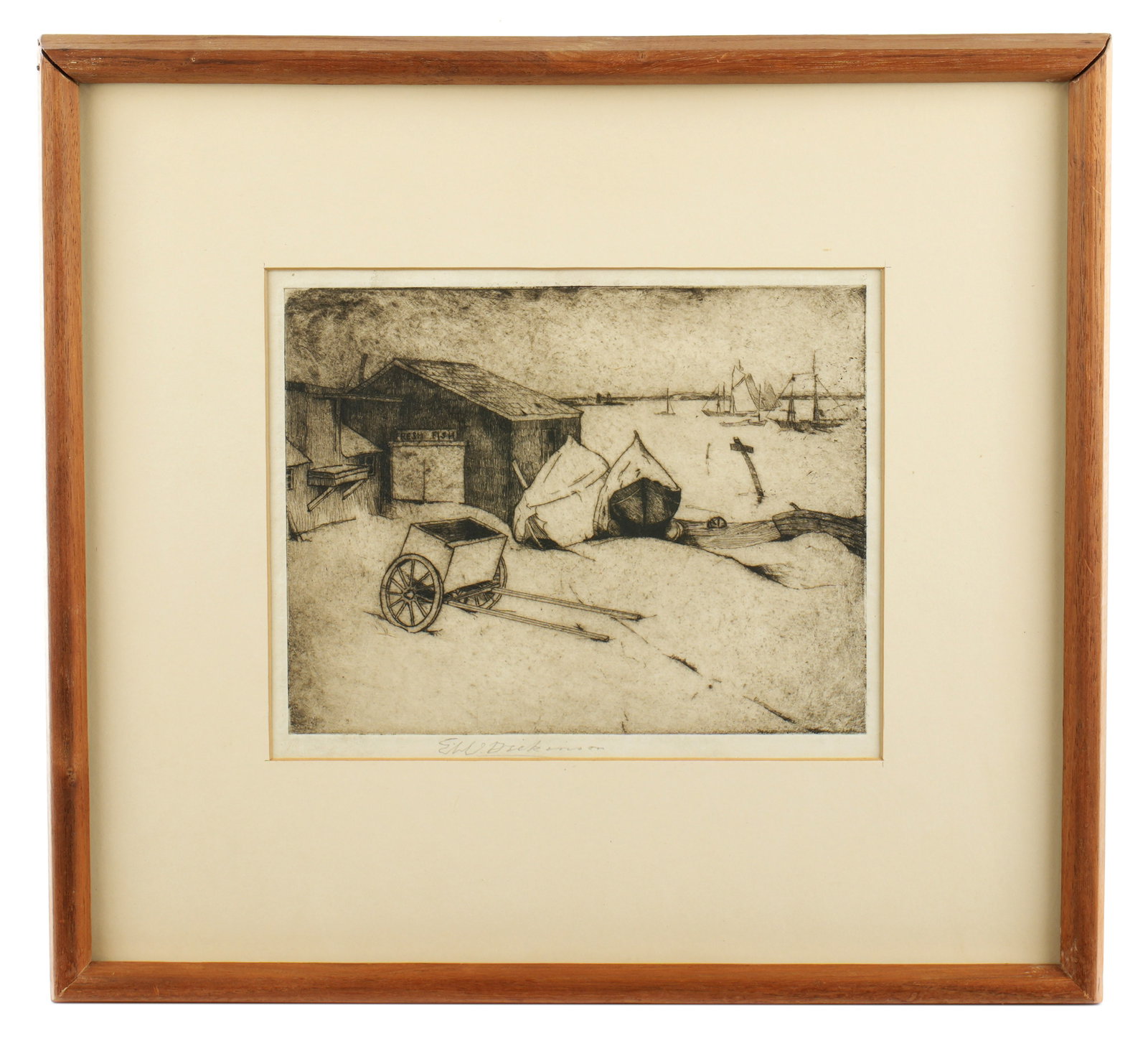 Edwin Walter Dickinson Fresh Fish Drypoint Etching: DICKINSON, Edwin Walter, (American, 1891-1978): "Fresh Fish", circa 1916, depiction of a fish house in Provincetown, Ct., Drypoint Etching on paper, signed lower right, impression size 7" x 8.75",