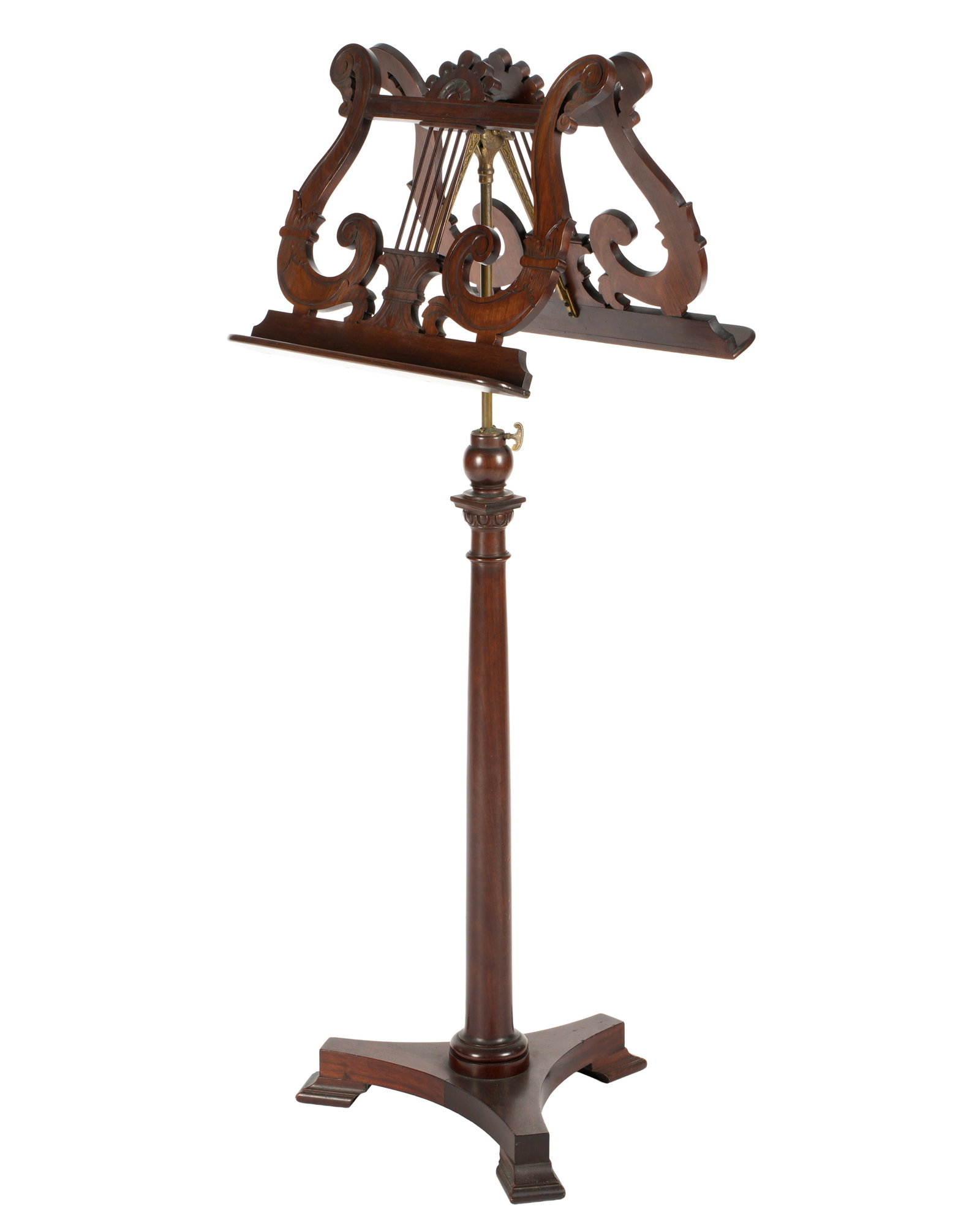 Palmer American Double Lyre Music Stand: Double sided carved mahogany lyre form adjustable music stand, marked Palmer N. Y. on bronze adjusting post. Splayed base. Overall 48" h. x 17.25 " x 7". Condition: Wear consistent with age and use.