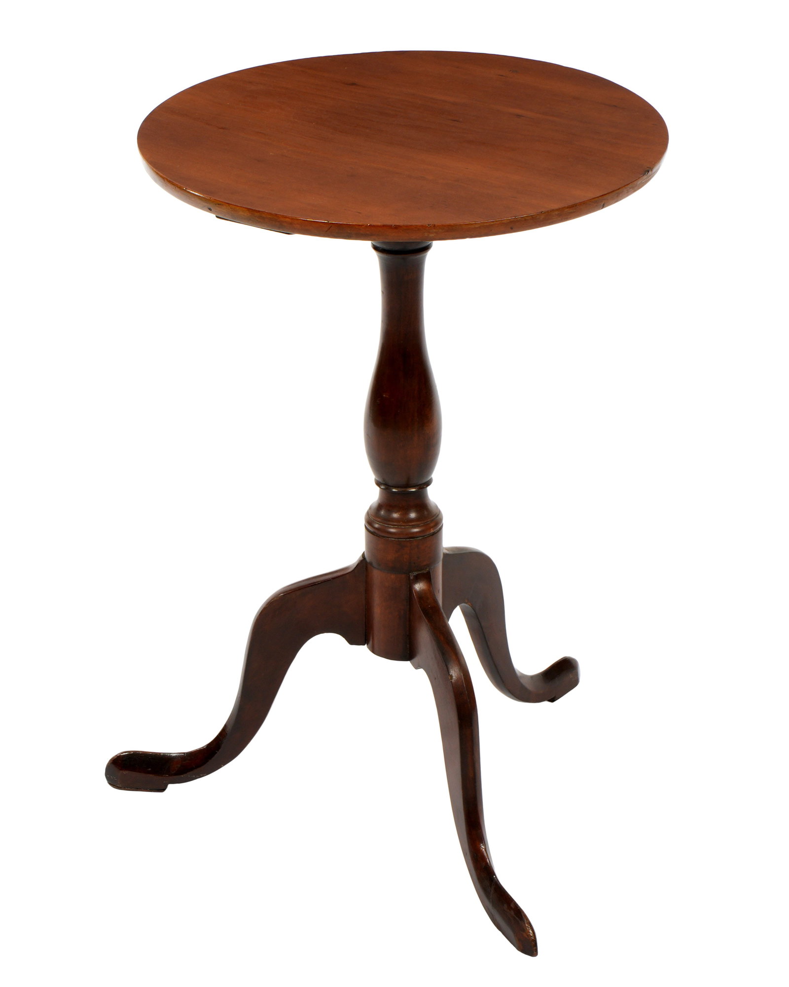 American Federal Cherry Candle Stand: Circa 1800, round cherry top over baluster form pedestal support, three shaped splayed legs, overall 25.25" h. x 17". Wear consistent with age and use.
