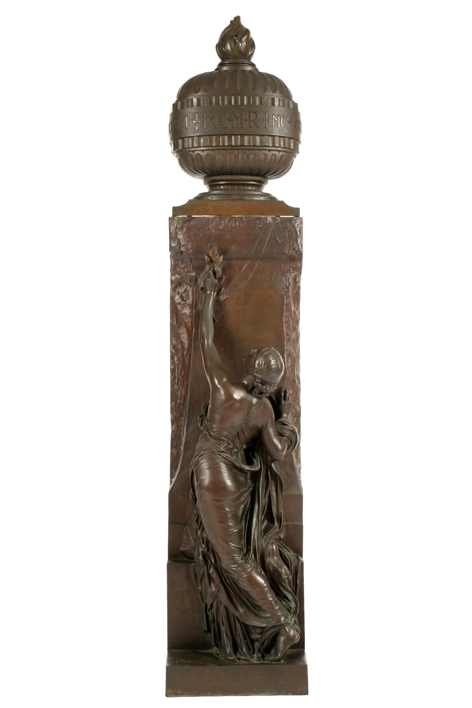 Henri Chapu La Jeunesse Bronze Sculpture: CHAPU, Henri Michel Antoine, (French, 1833-1891): "La Jeunesse (The Young Lady)", patinated bronze figure of a young woman standing at a wall, signed on base, F. Barbedienne Foundeur Paris, stamped