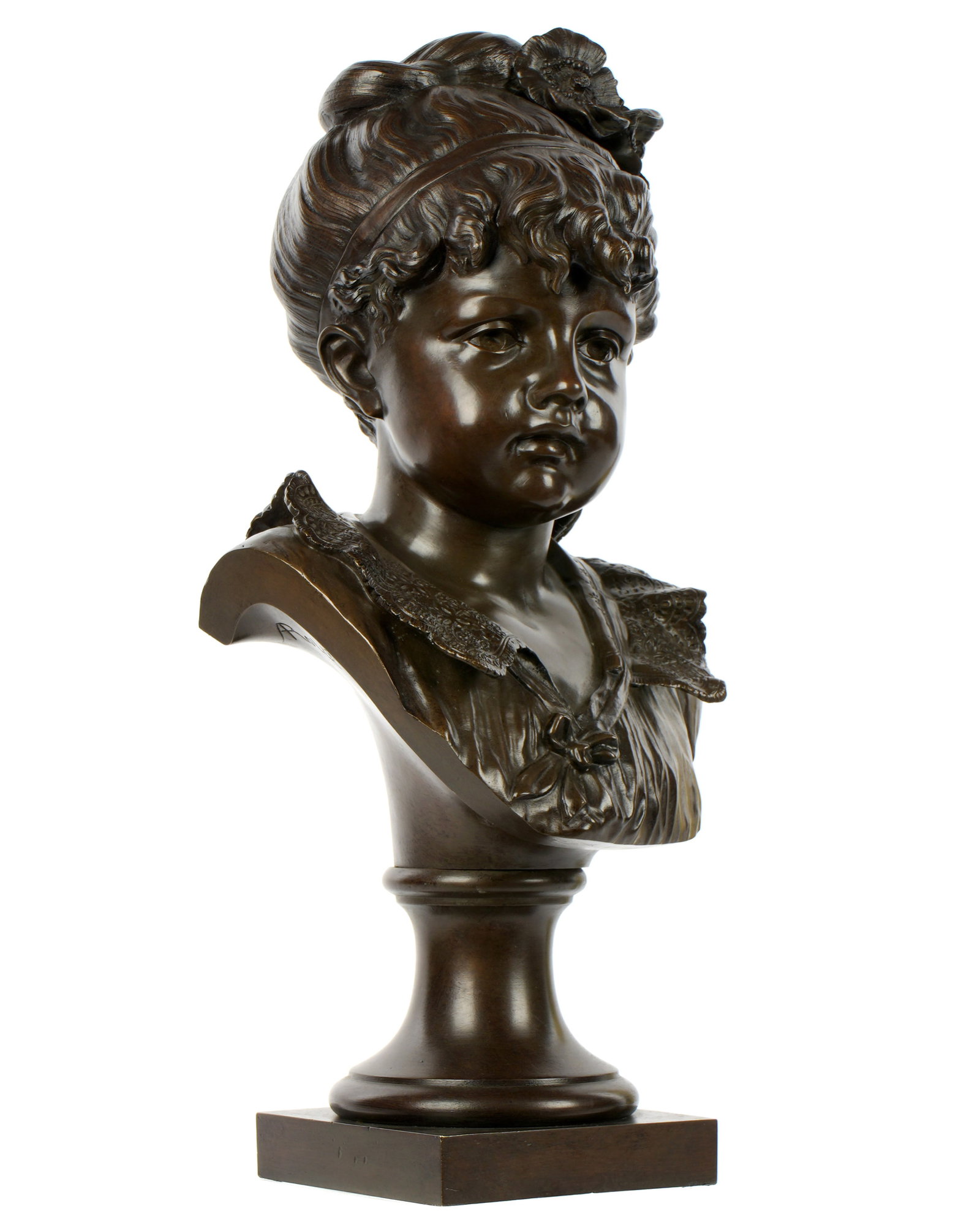 Albert Rolle Bronze Bust of Young Girl: ROLLE, Albert (American / Russian, b. 1816): Patinated bronze bust of a young girl with flowers in her hair, signed verso, 20" h. x 10" x 6.25".
