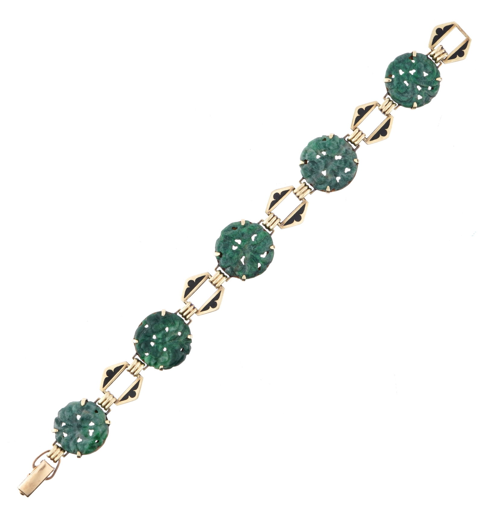 14k Gold and Celadon Jade Enameled Bracelet: Stamped 14k yellow gold bracelet, alternating reticulated carved jade or similar stone medallions with black enamel decorated links. Overall 7" long. Approx. 15.0 grams inclusive.