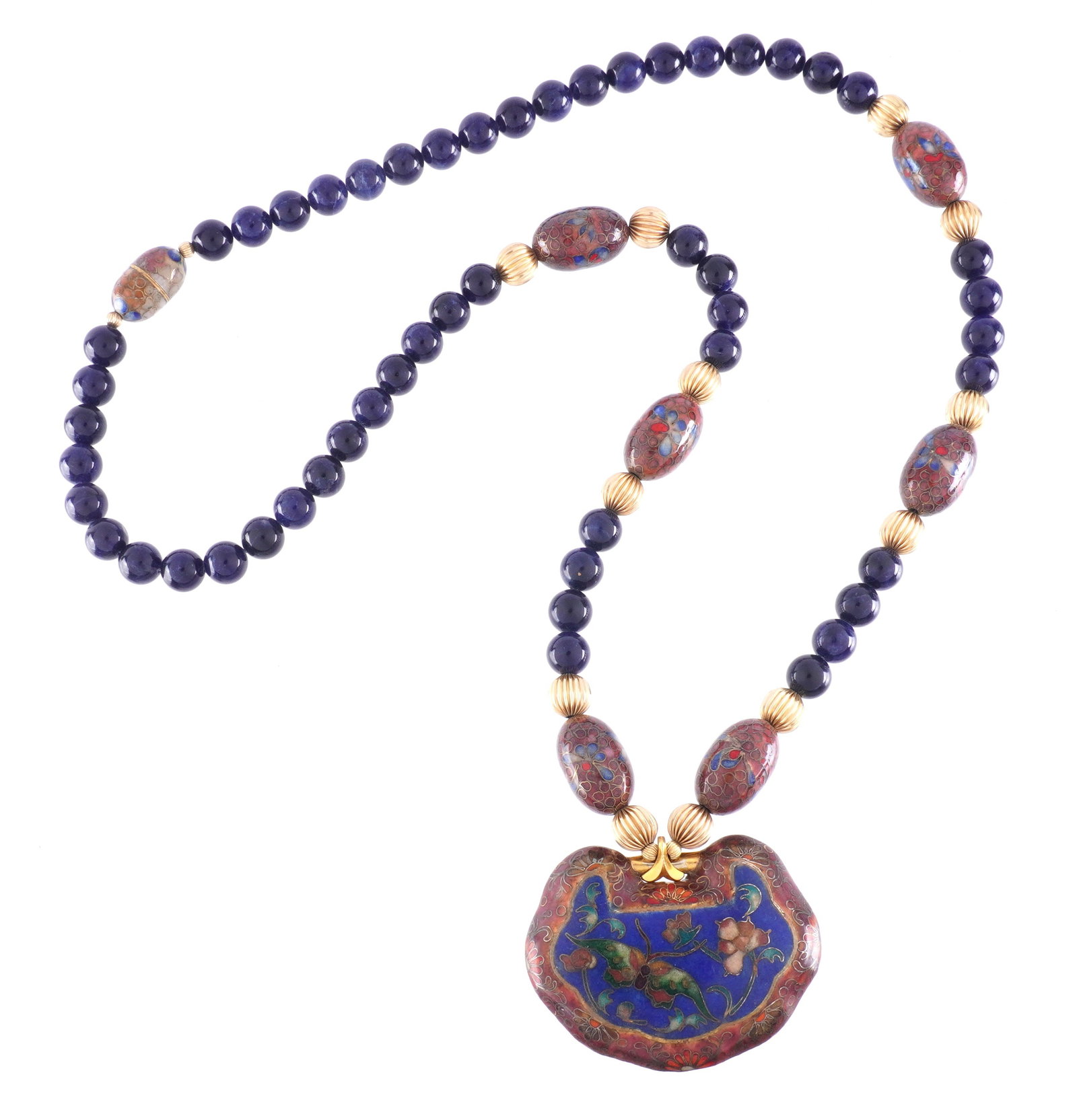 19th Century Chinese Cloisonne Lapis Bead Necklace: Large cloisonne pendant with floral motifs. Necklace comprising of lapis lazuli, cloisonne and ribbed gold toned beads. Unmarked. Pendant 1.75" h. x 2.5", necklace 31" long.
