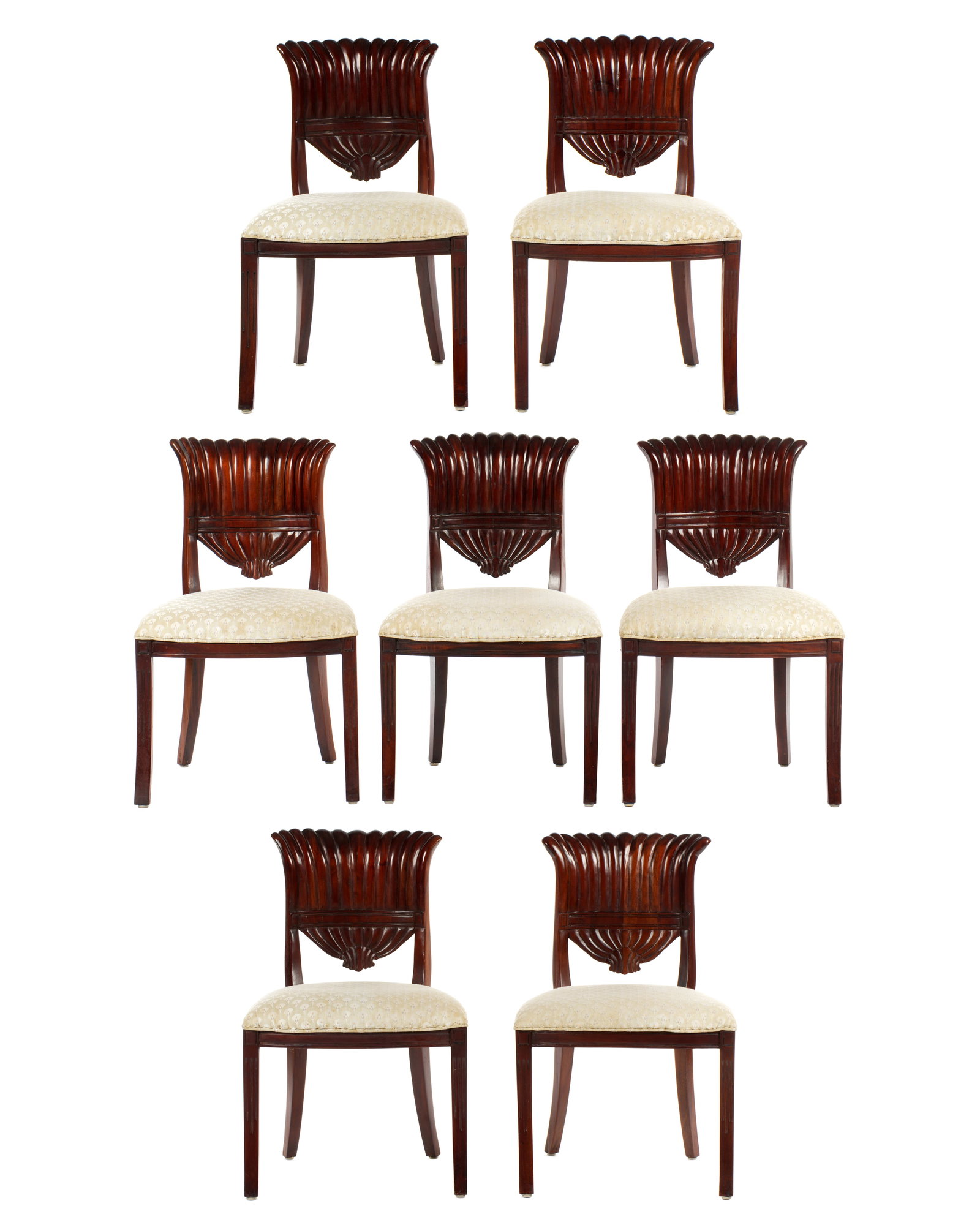 Seven Maitland-Smith Fan Back Mahogany Side Chairs: Set of seven mahogany carved fan back side chairs, each measures 35.75" h. x 22.5" x 21" Condition varies to include scratches and small chips to wood. Stains to upholstery.