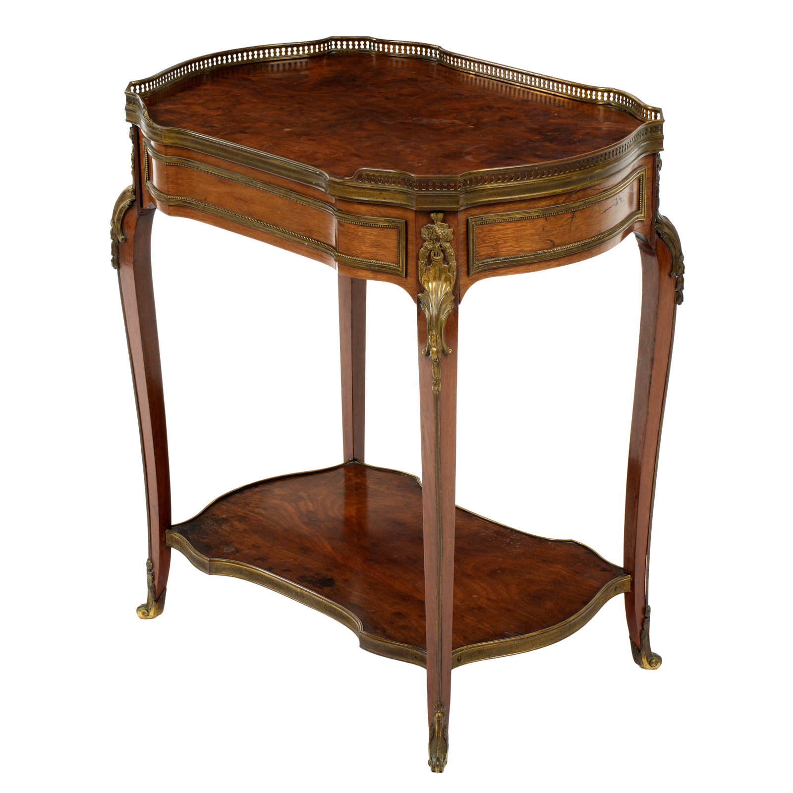 French Burl Wood Single Drawer Side Table: Serpentine burl wood top, pierced brass gallery, single drawer. Lower conforming stretcher shelf, shaped legs, applied bronze accents. Overall 23.75" h. x 21.5" x 15". Condition: Wear consistent with 