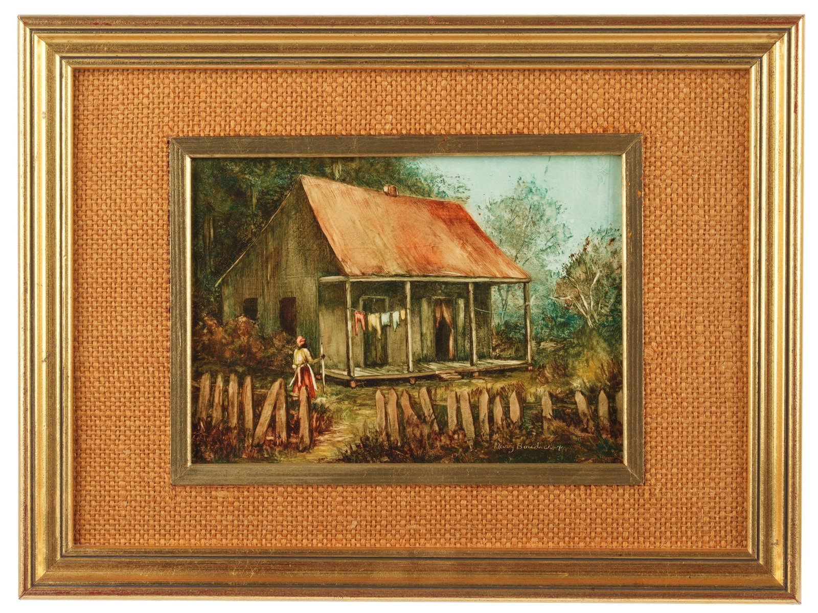 Mary Boudreaux Quarter House with Fence Painting: BOUDREAUX, Mary, (American, 20th/21st Century): "Quarter House with Fence", depiction of an old New Orleans cabin with woman and clothes drying on the porch, Oil on Board, signed lower right, sight