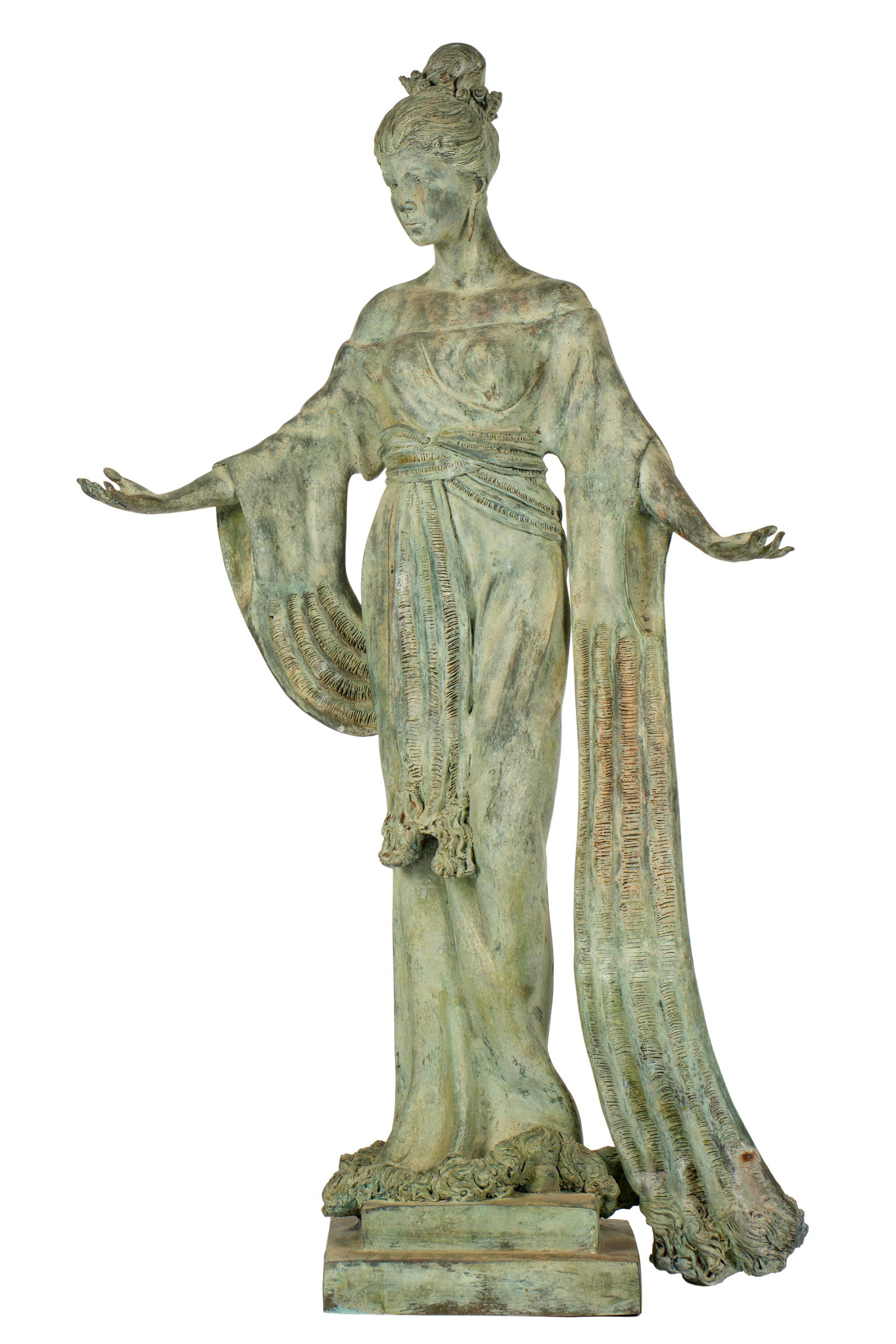 Large Bronze Classical Maiden Garden Statue: Large patinated bronze depiction of a standing classical woman with arms outstretched, flowing dress. No visible signature or markings. Overall 56" h. x 32" x 14". Condition: Obvious signs of