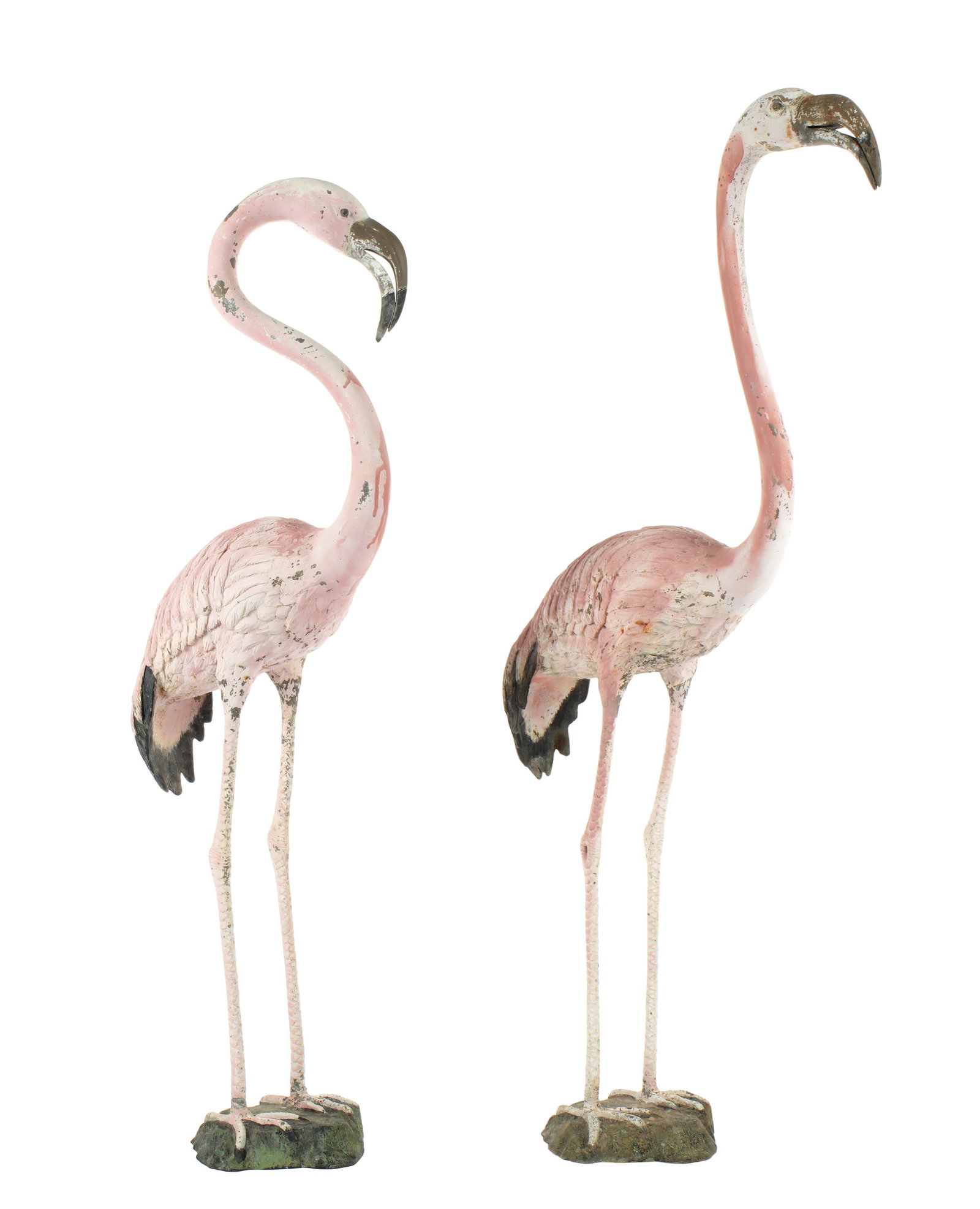 Pair Painted Bronze Garden Flamingo Statues: Pair painted bronze figures of flamingos, no visible markings or signatures. Taller 47" h. x 21" x 6". Condition: Obvious signs of weathering, paint chips and loss.