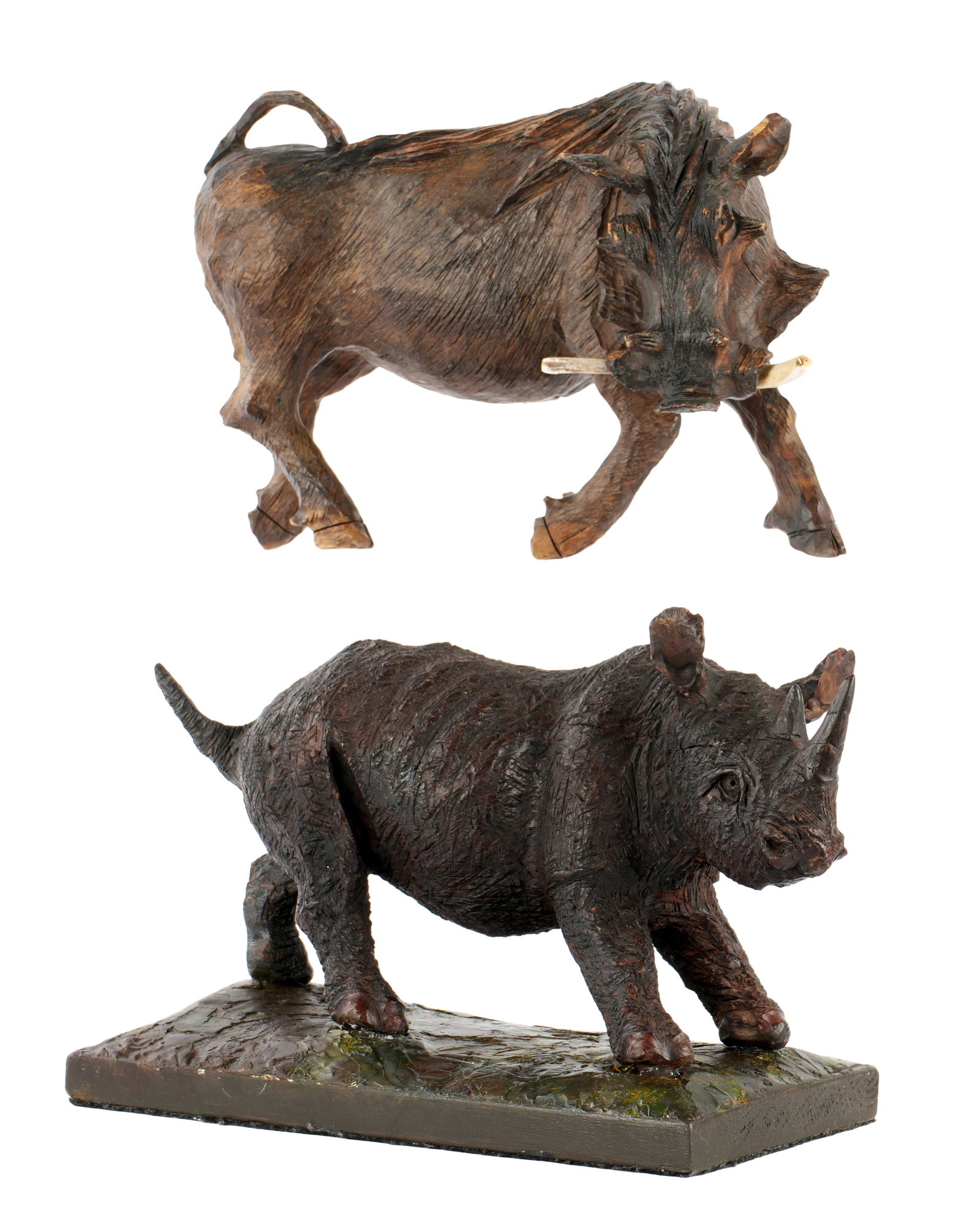 Carved Ironwood Figures of Boar & Rhino: Two pieces total, each carved ironwood, to include 1) Figure of a rhinoceros, affixed to carved and painted base. Unsigned. Overall 7.75" h. x 5" x 12.5". 2) Figure of a boar with bone tusks, signed