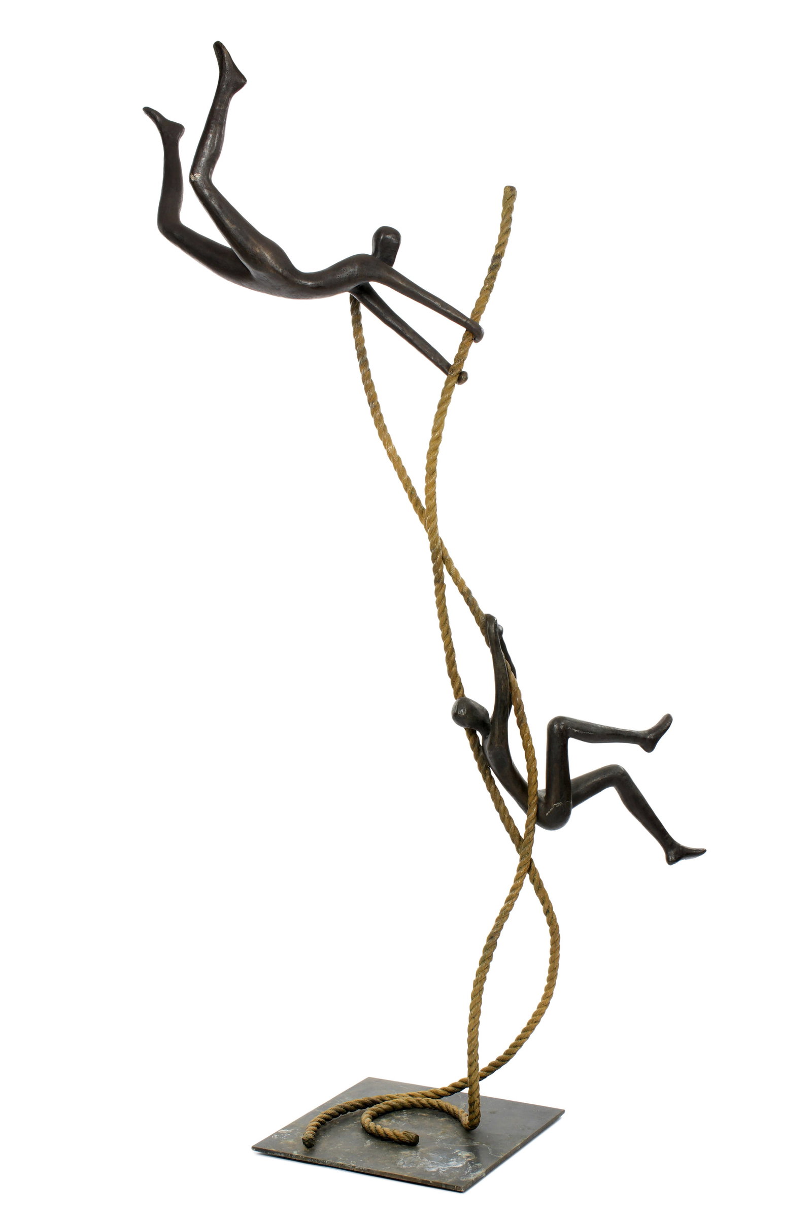 8' Tolla Inbar Acrobats on Ropes Bronze Sculpture: INBAR, Tolla, (Germany, b. 1958): Patinated and painted bronze figural group of two acrobats with ropes, one flying high in the air, the other spinning him, signed on square base, numbered 5 / 12,