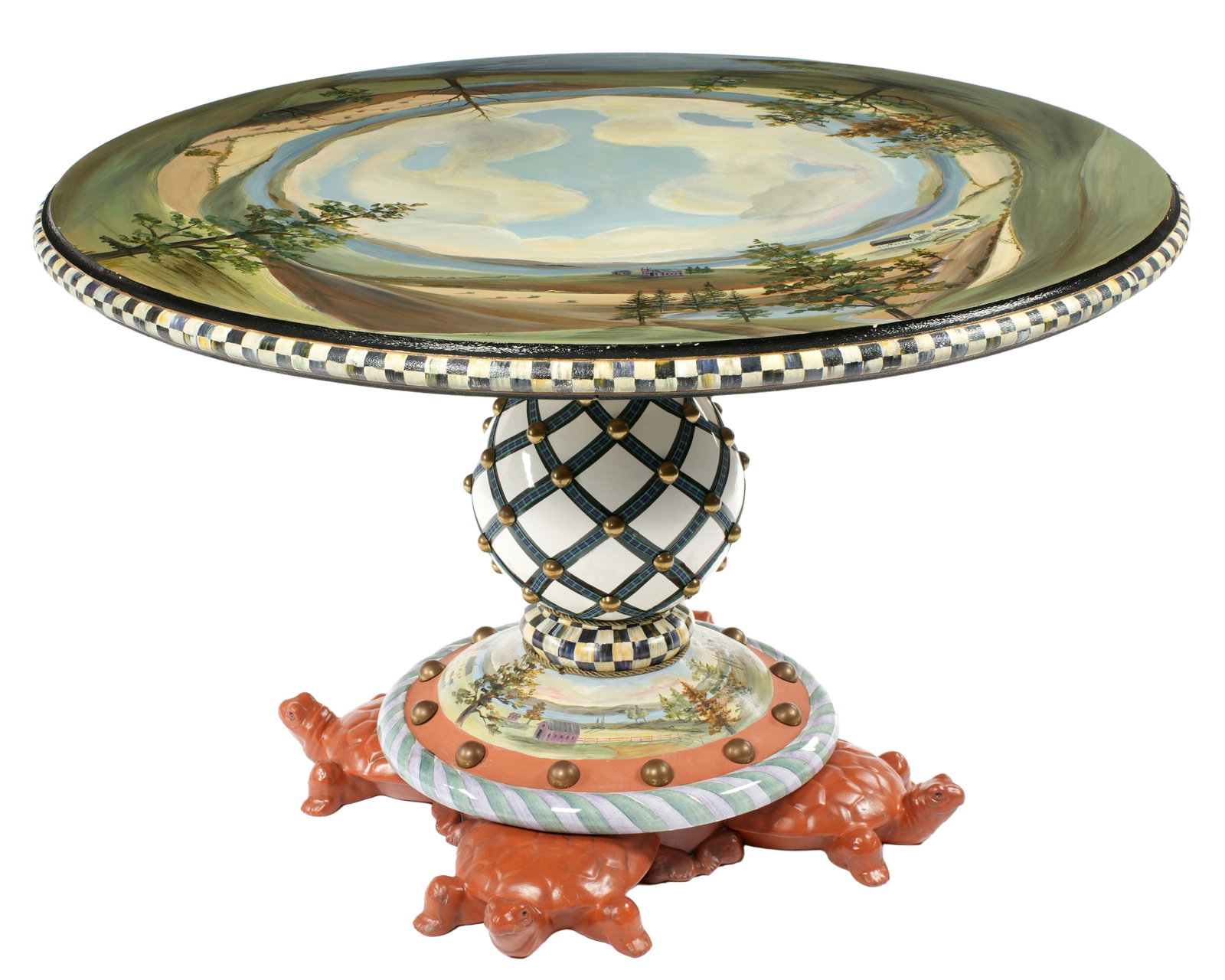 MacKenzie-Childs Hand Painted Turtle Center Table: Hand painted round top depicting lake side farm with building. Whimsically painted ceramic support with applied brass button, all on four terracotta figural turtle feet. Overall 31" h. x 50". Sold