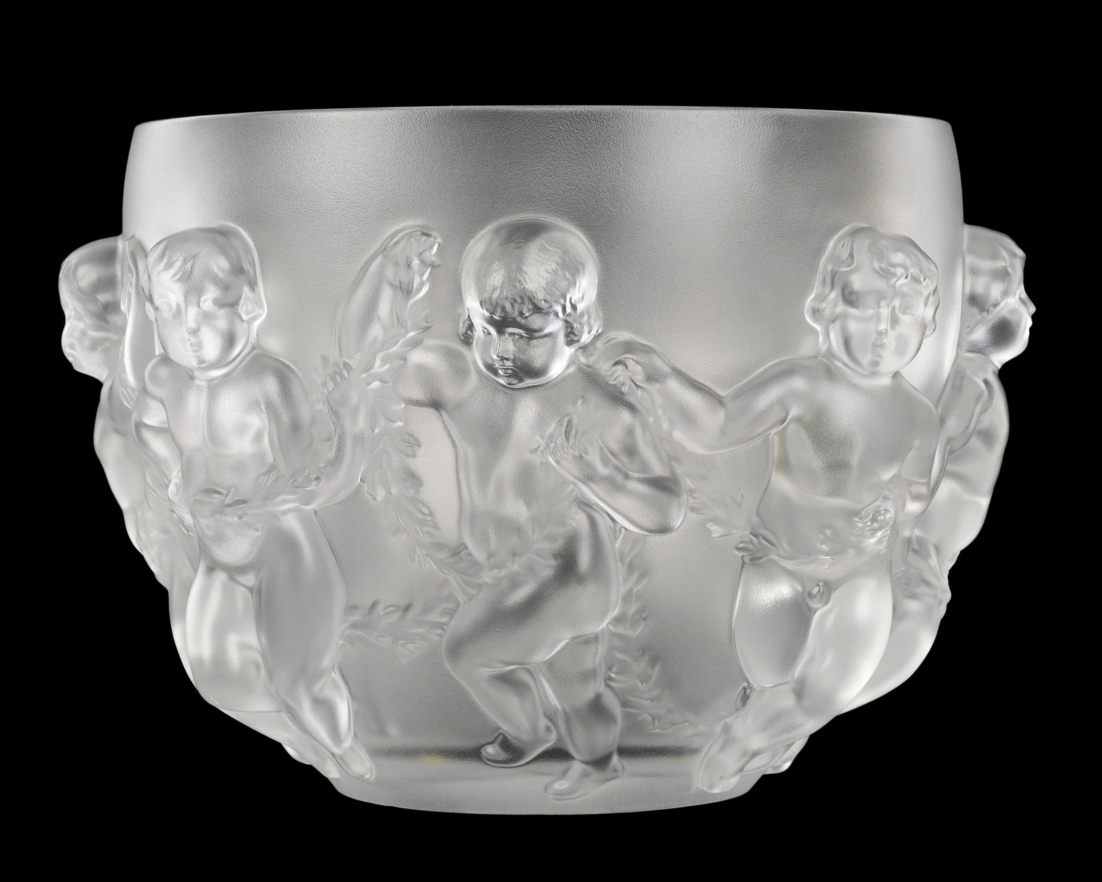 Large Lalique Crystal Luxembourg Center Bowl: Frosted and molded crystal center bowl in the Luxembourg pattern by Lalique, signed on base, original Lalique clear tag. Overall 8.5" h. x 13" dia. Sold with original box, 9.5" h. x 15" x 15". Box