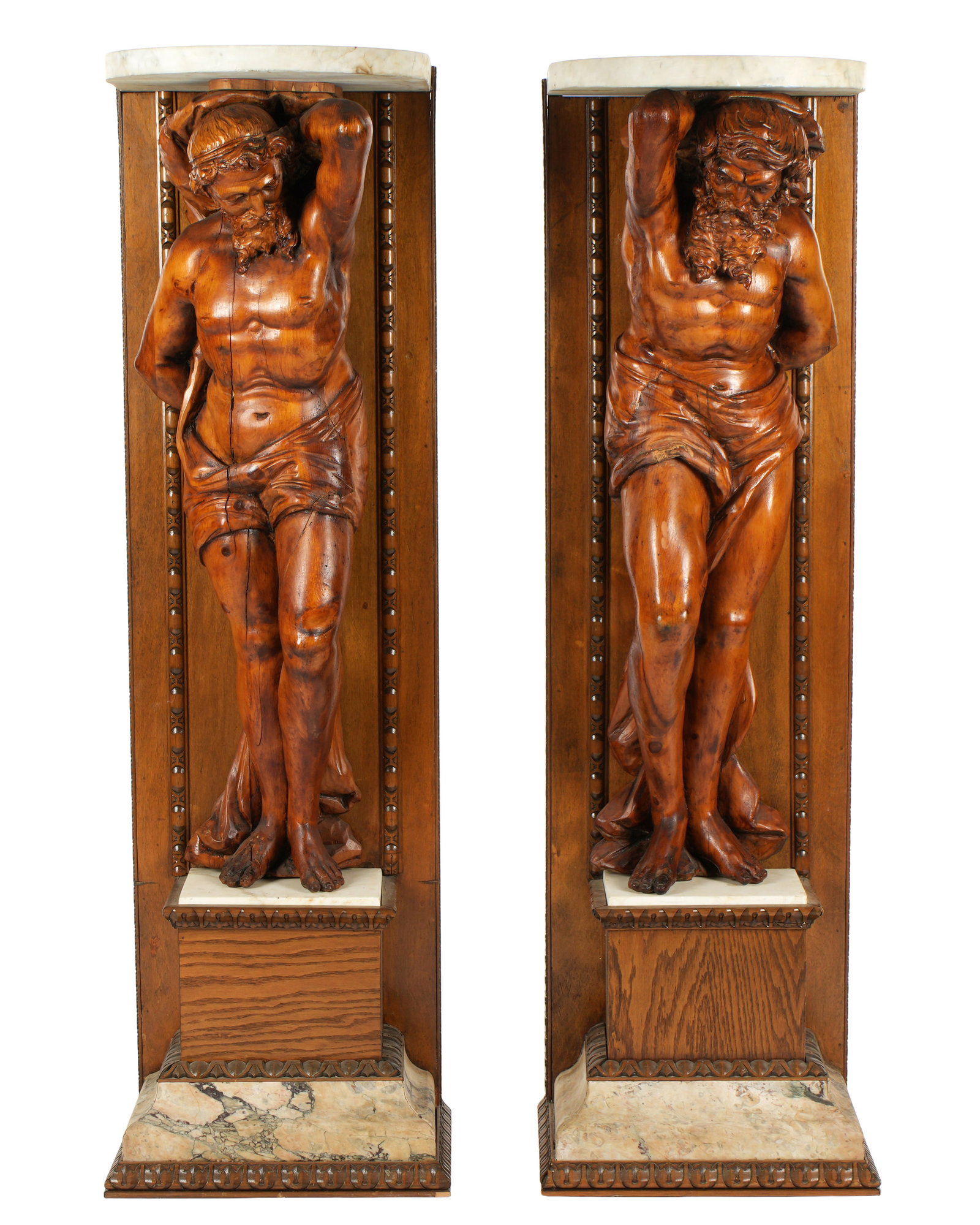 Pair Tall Carved Figural Wood and Marble Pedestals (1 of 2)