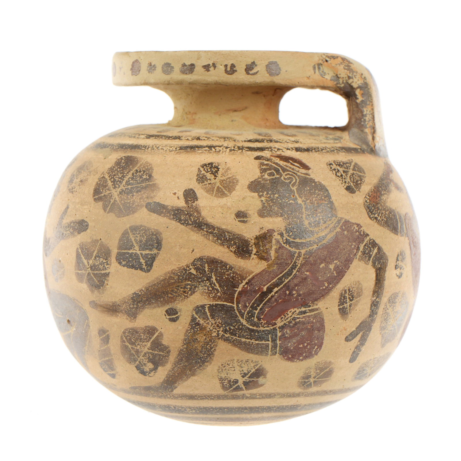 Rare Corinthian Large Aryballos: circa 6th Century BC. Body frieze depicting for Komast dancer, rays on the shoulder, rim and base with concentric circles. No restoration noted. 3.25" h. x 3.25". Provenance: Private Collection in