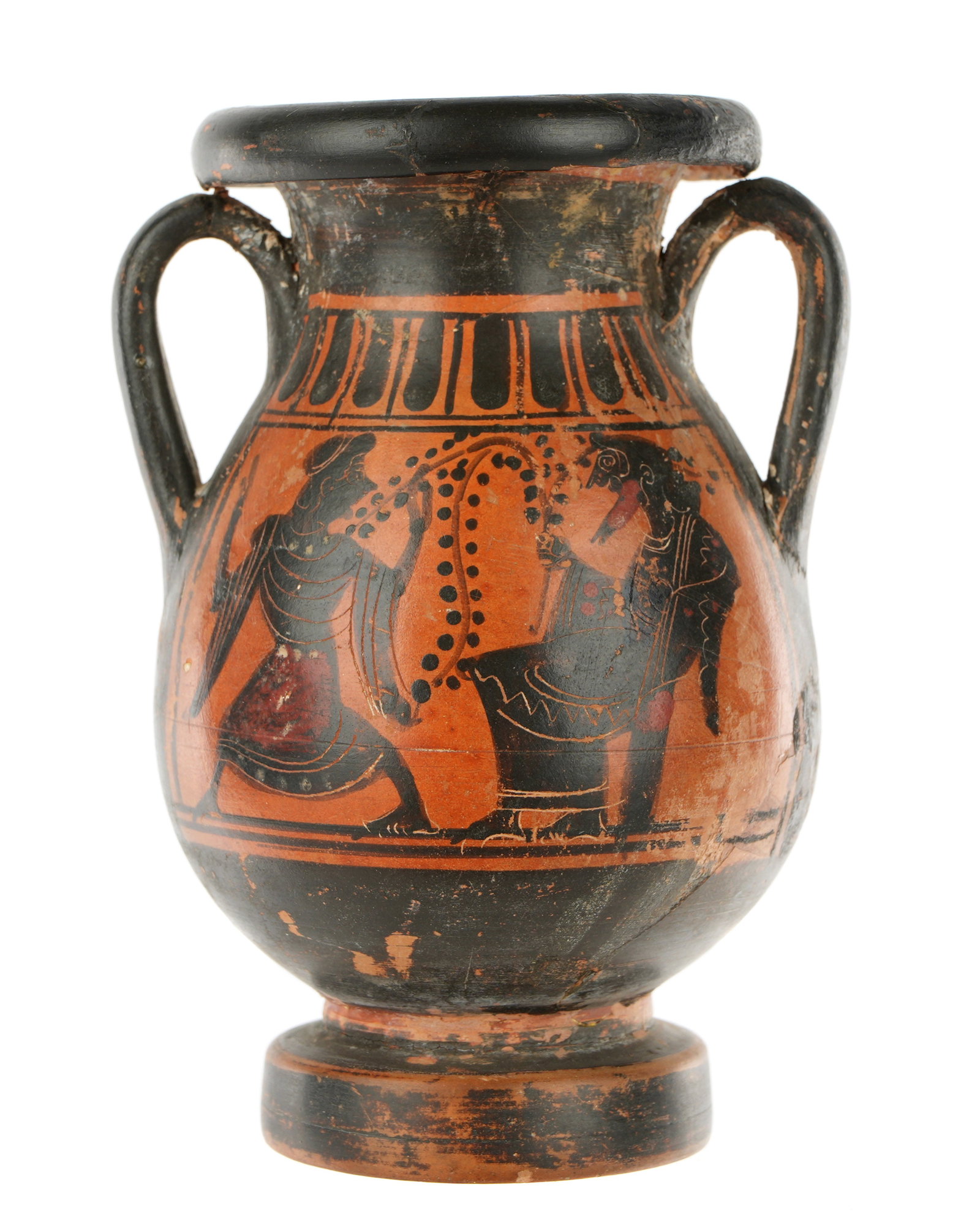 Greek Miniature Black Figure Amphora: circa 6th Century BC, attributed to the painter "The Affector", Bacchanalian scenes in reserves, overall 3.75" h. x 2.5". Provenance: Private Collection id Sarasota, purchased Arte Primivero auction,