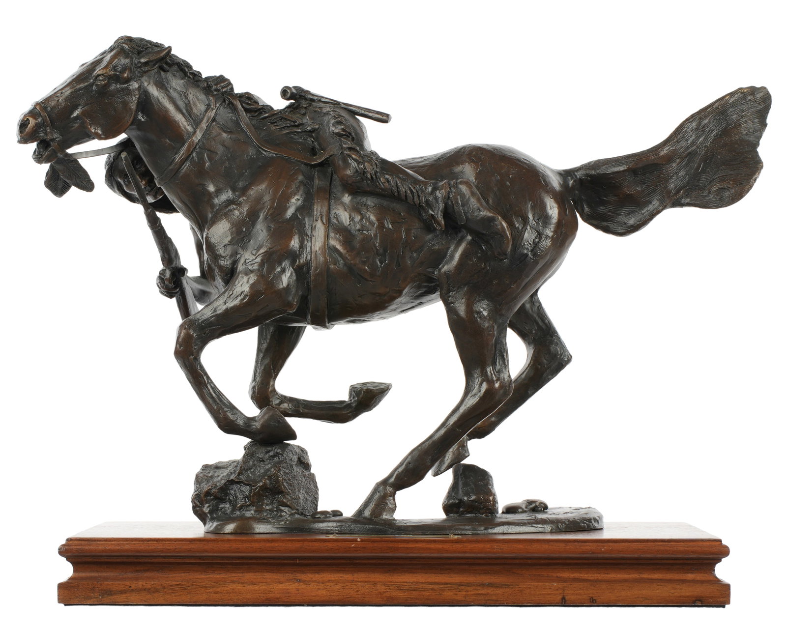 James A. Ford Prowess Bronze Sculpture: FORD, James A, (American, 20th / 21st Century): "Prowess", patinated bronze figure of Native American warrior on horseback, rifle in hand, signed, dated 2018, and numbered 1 / 15. Affixed to wood base