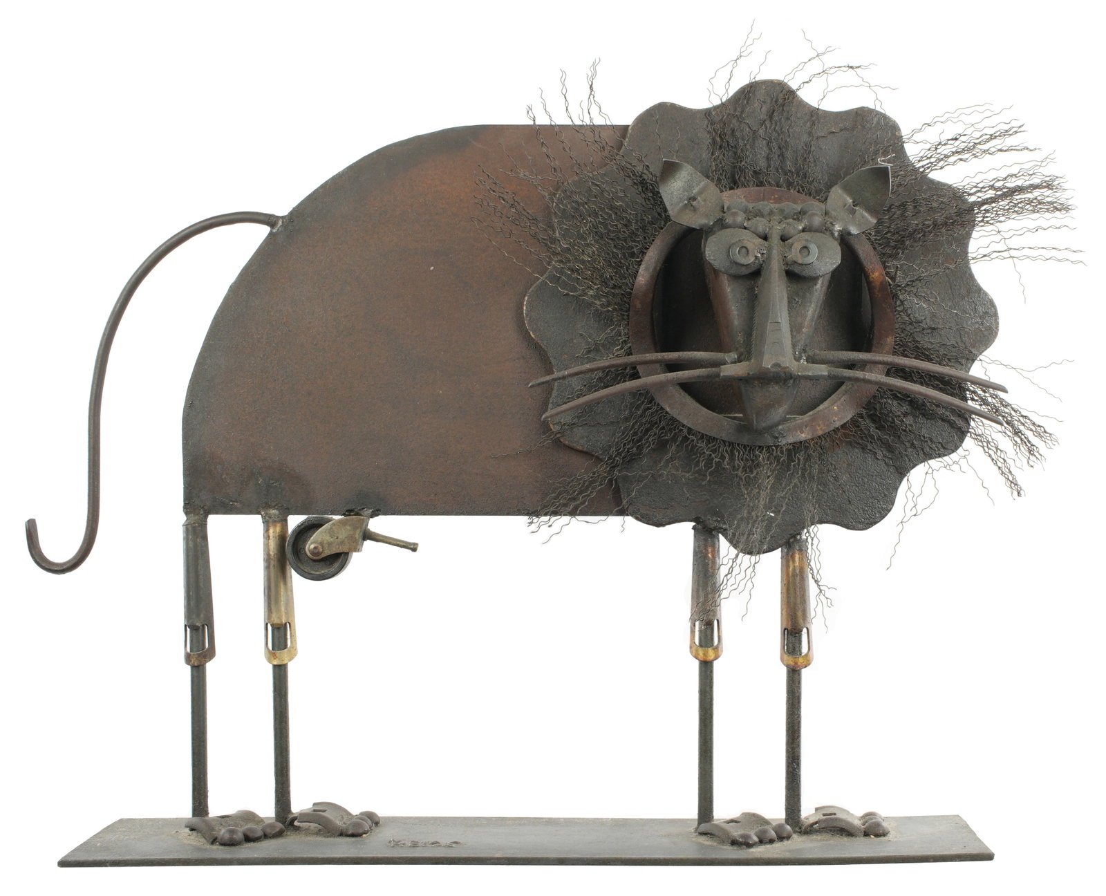 Bill Heise Welded Found Metal Lion Sculpture: HEISE, Bill, (American, 1943-2011): Found metal welded figure of a standing lion, signed on base. Overall 23.5" h. x 30" x 9". Condition: Minor surface rust.