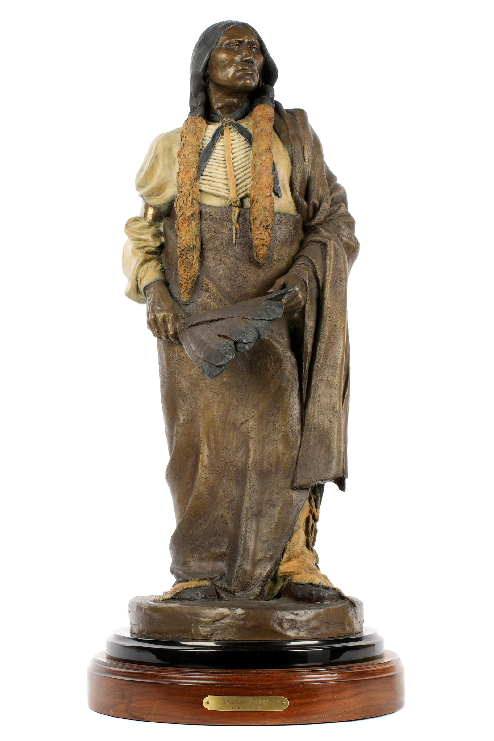 James A. Ford Quana Parker Bronze Sculpture: FORD, James A, (American, 20th / 21st Century): "Quanah Parker", patinated bronze figure of the Native American Comanche war leader, signed, dated 2011, and numbered 4 / 30. Affixed to wood base,