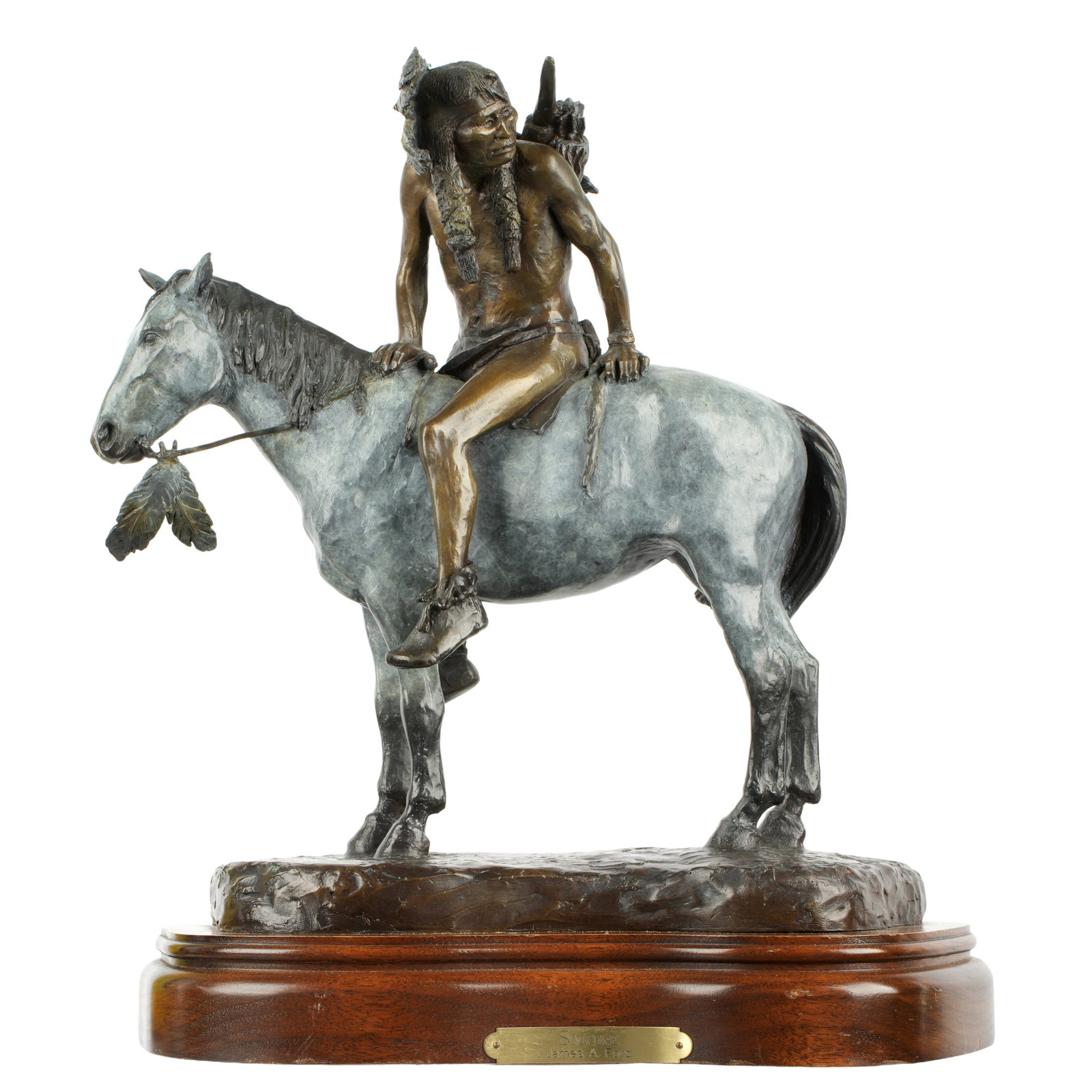 James A. Ford Smoke Bronze Sculpture: FORD, James A, (American, 20th / 21st Century): "Smoke", patinated bronze figure of a Native American on horseback, signed, dated 1991, and numbered 9 / 25. Affixed to rotating wood base. 15" h. x