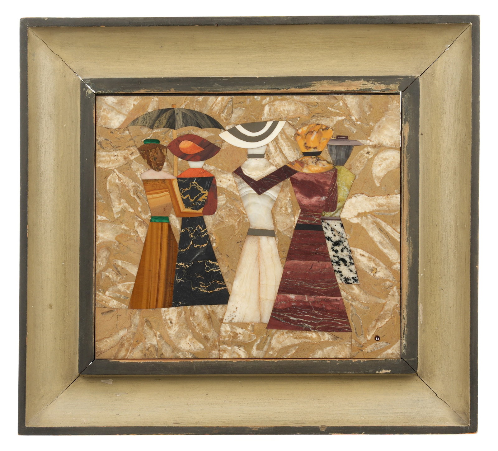 Italian Montici Workshop Pietra Dura Wall Plaque: Pietra dura mosaic stone inlaid wall plaque depicting five women, marked with Monitici Workshop medallion, founded by Richard Blow. Signed on back F, inscribed Made in Italy. 7.75" x 8.25", framed 11.
